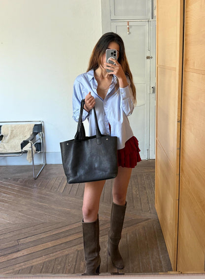 Black Leather Minimalist Luxe Diaper Bag — fabric close-up