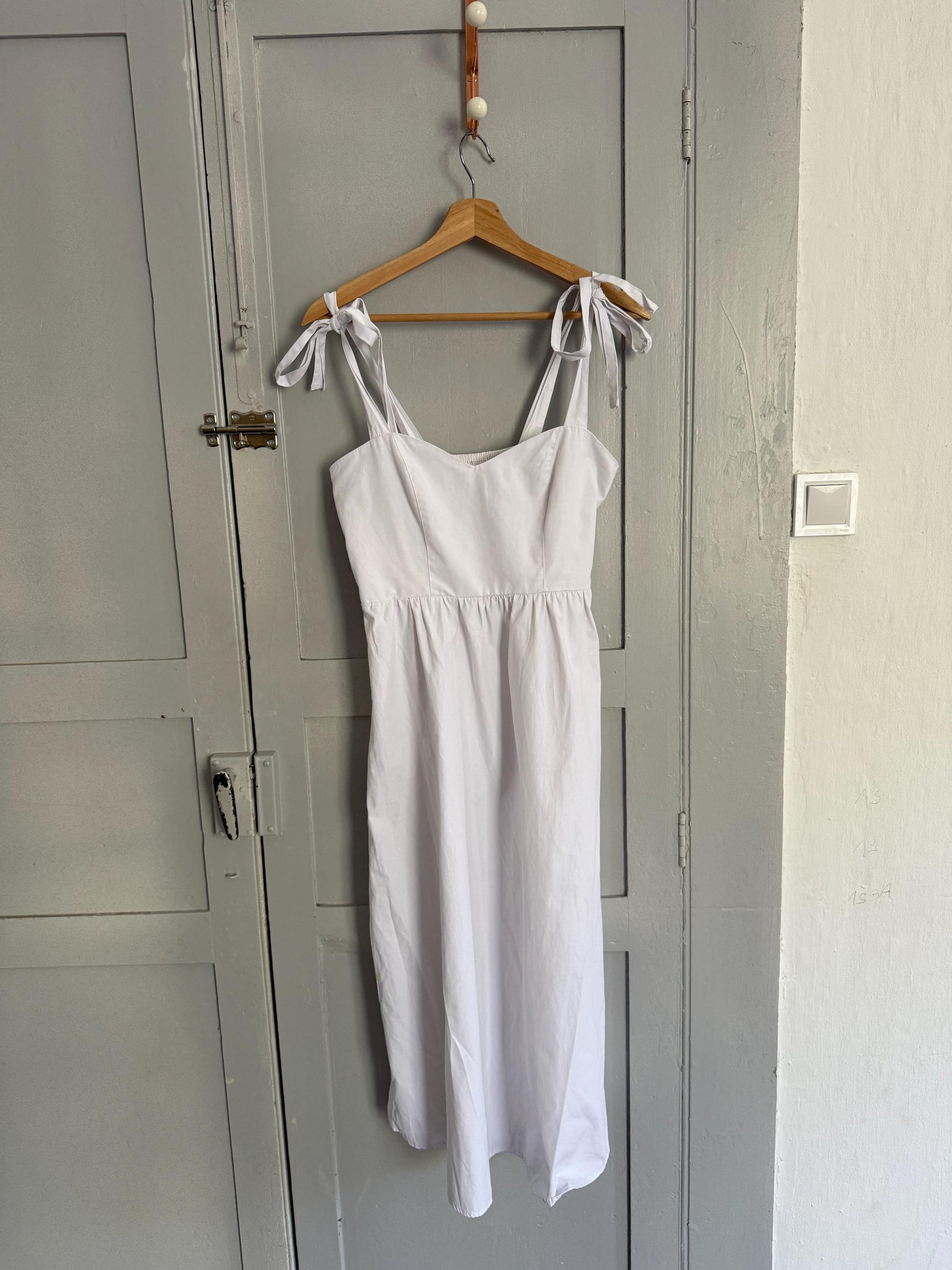 White summer dress, Minimalist romantic beach outfit, Cute strappy midi dress, Sustainable recycled maxi dress, Size S - M
