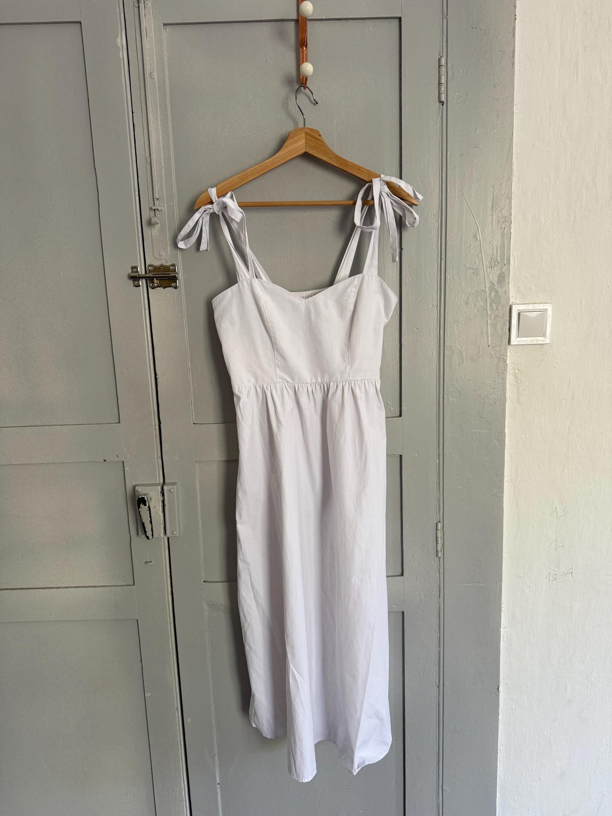 White summer dress, Minimalist romantic beach outfit, Cute strappy midi dress, Sustainable recycled maxi dress, Size S - M