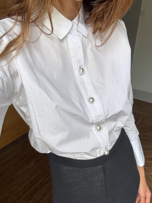 vintage white crisp blouse with large pearl buttons minimalist romantic shirt L XL women’s top