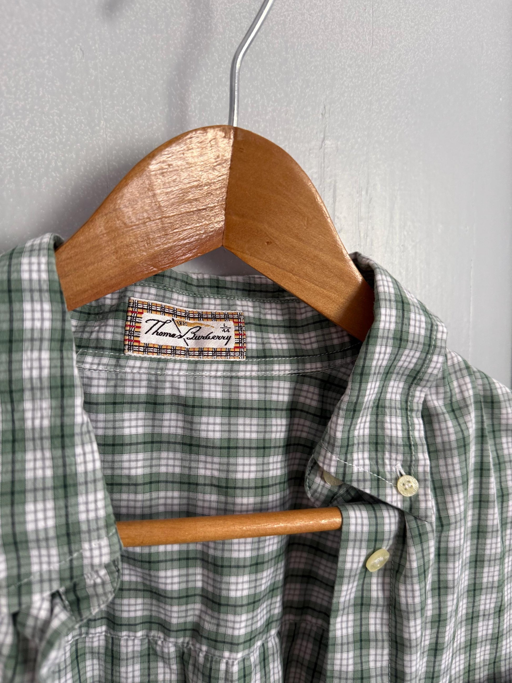 Vintage Thomas Burberry Check Shirt | Green & White 100% Cotton Button-Up | Size L - 44 |