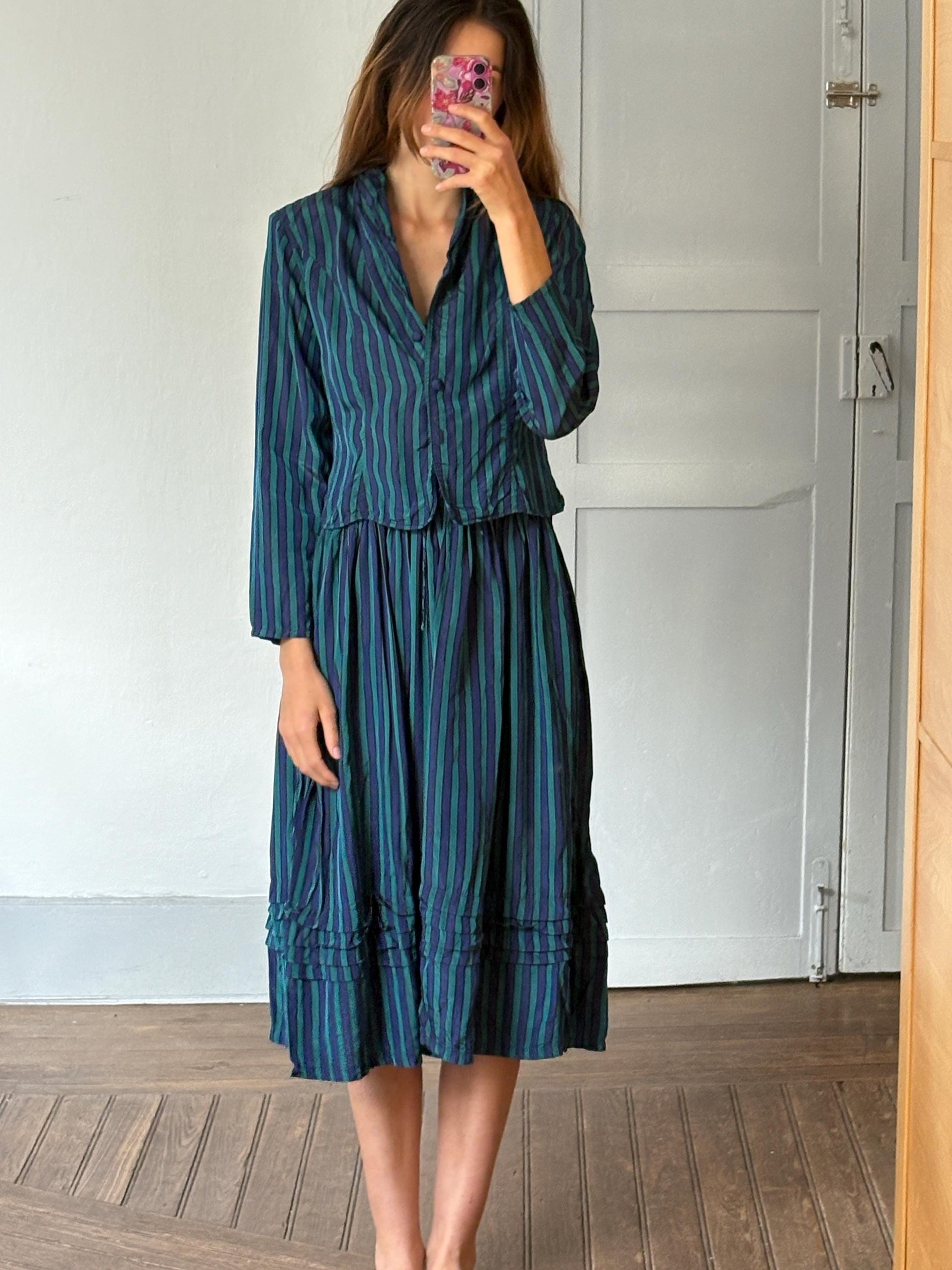 vintage monsoon dress and jacket set, Striped cottage core retro set, Size UK 14 USA 12 EUR 40, Vintage aesthetic