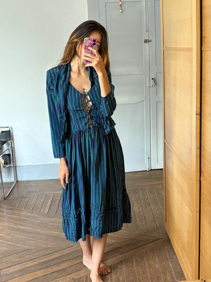 Striped Cottagecore Vintage Dress and Jacket Set — fabric close-up