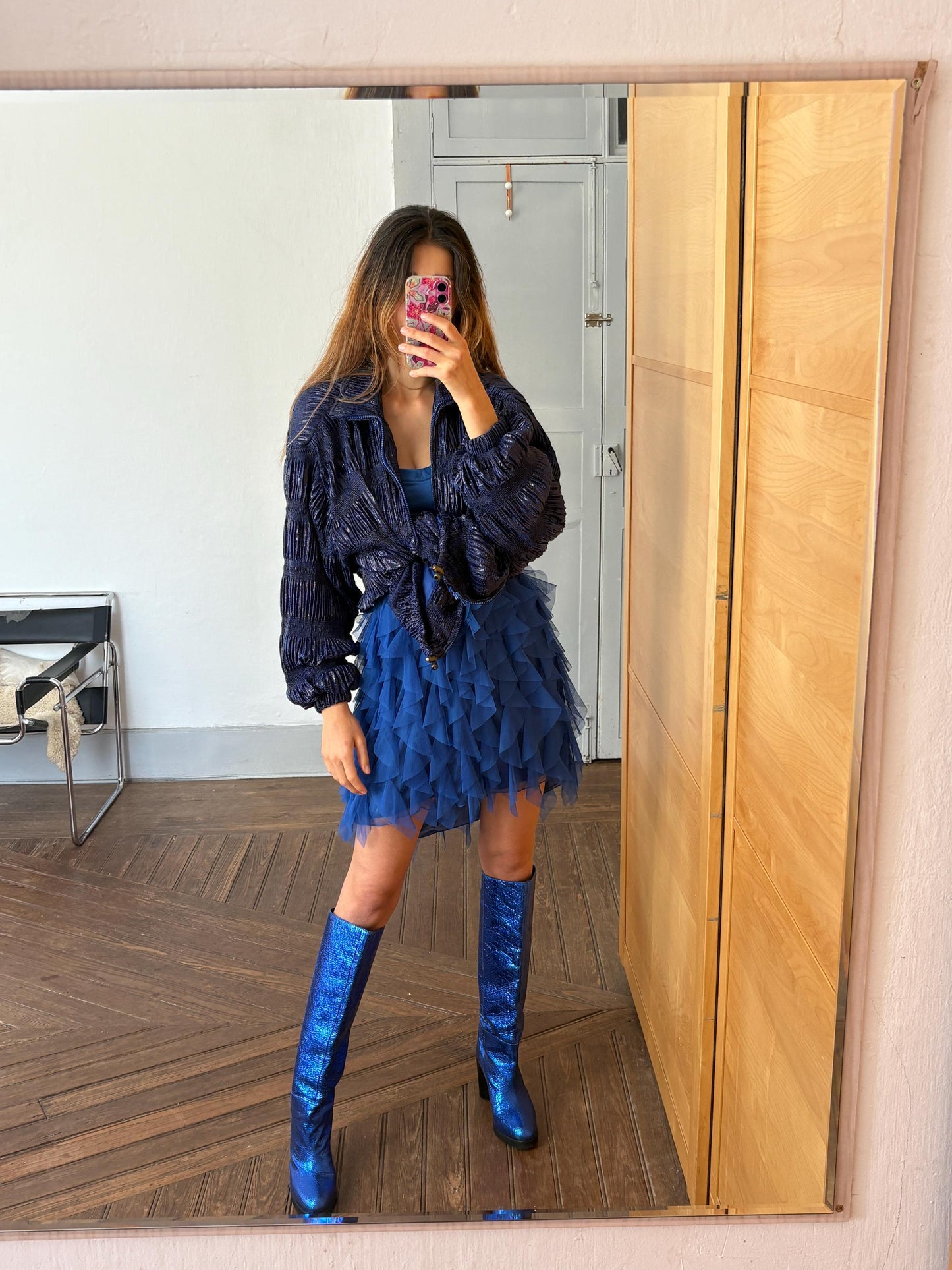 Vintage blue jacket aesthetic unique piece with padded shoulders statement piece in great condition