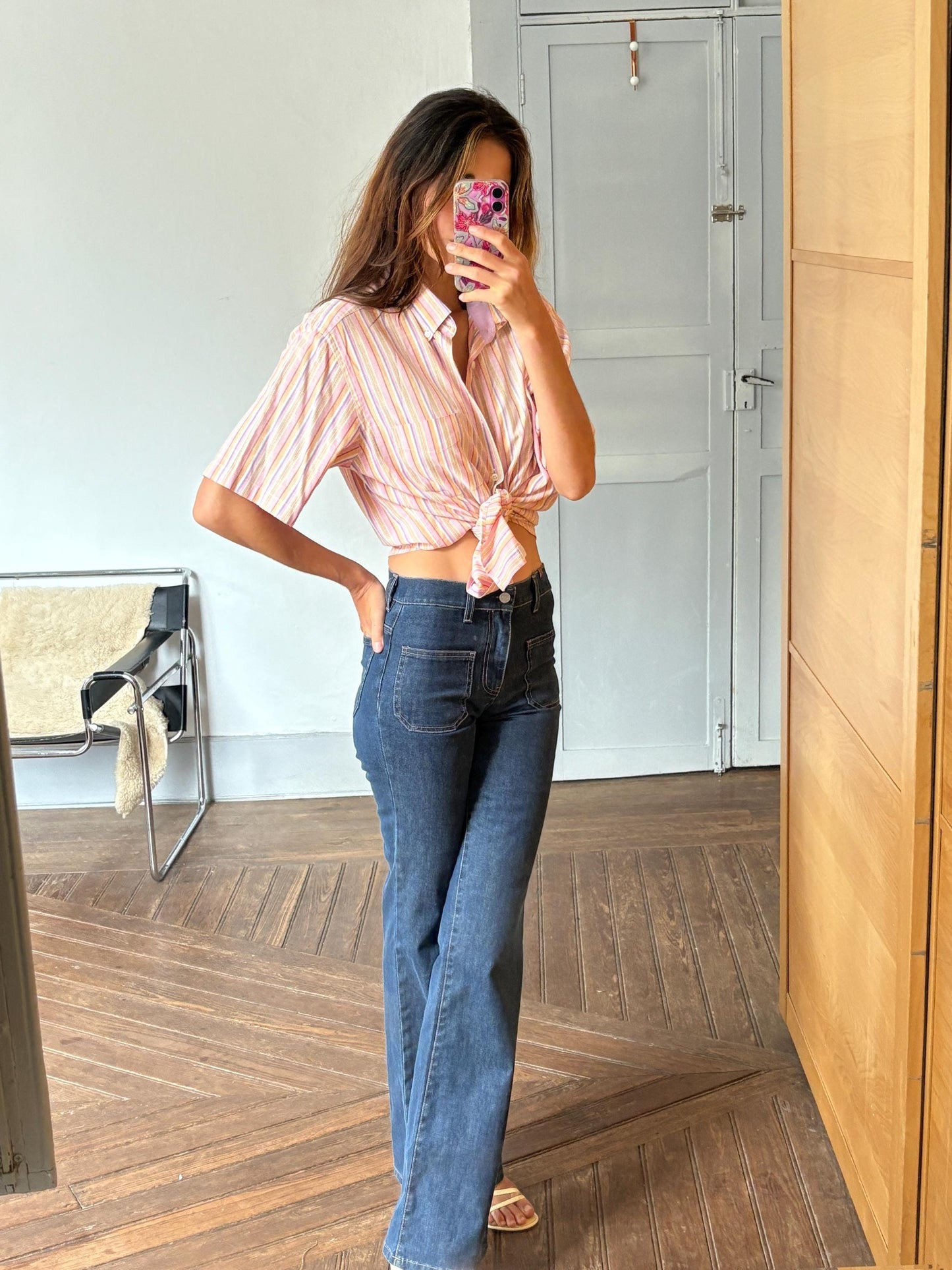 Vintage Striped Button-Up Shirt – Unisex, Boxy Fit, Summer Pastels – Size L