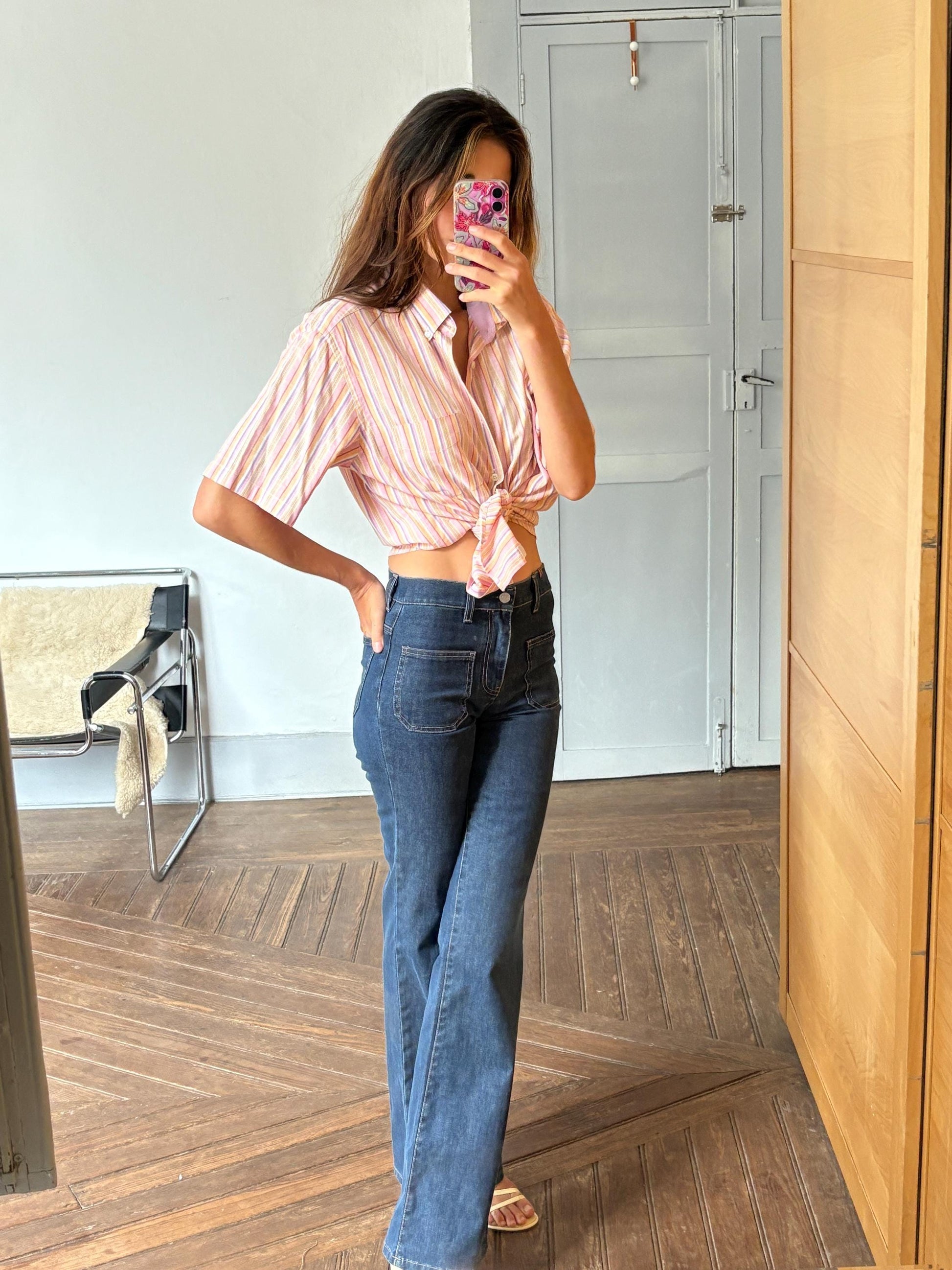 Vintage Striped Button-Up Shirt – Unisex, Boxy Fit, Summer Pastels – Size L