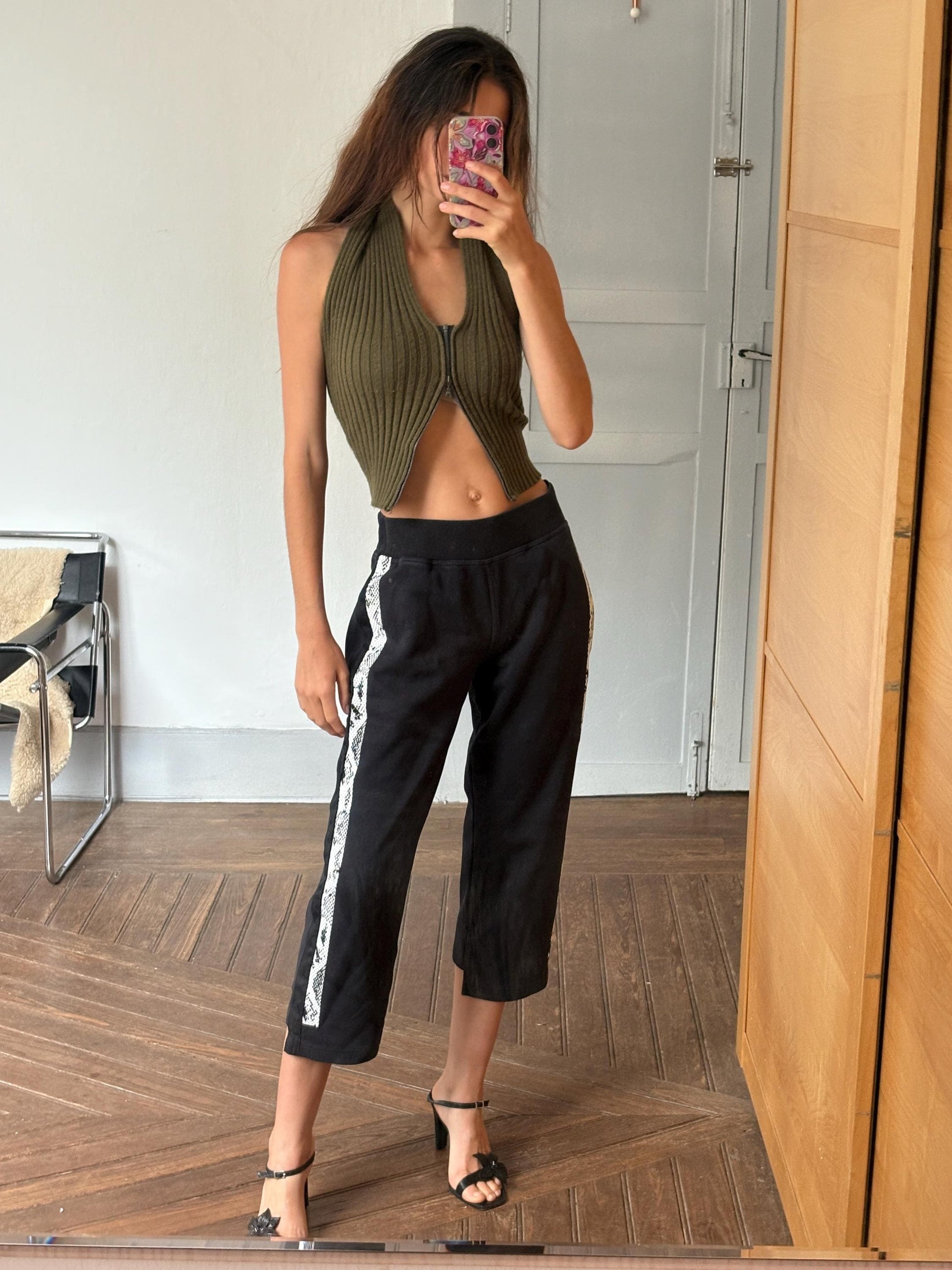 Vintage Adidas by Stella McCartney Black Cropped Track Pants with Snakeskin Side Stripes – Size S