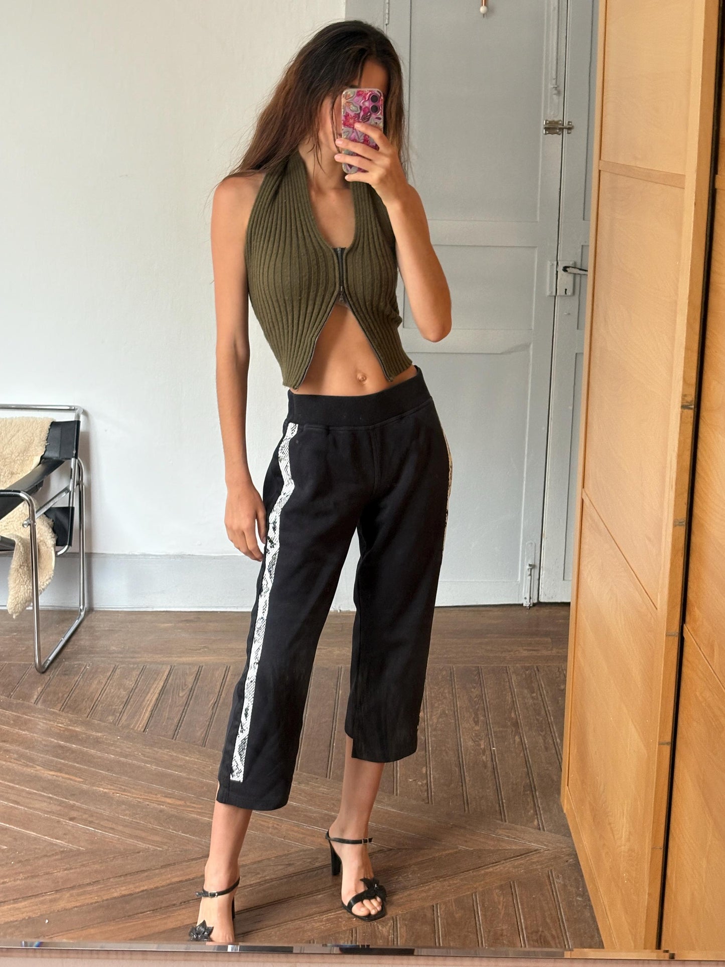 Vintage Adidas by Stella McCartney Black Cropped Track Pants with Snakeskin Side Stripes – Size S