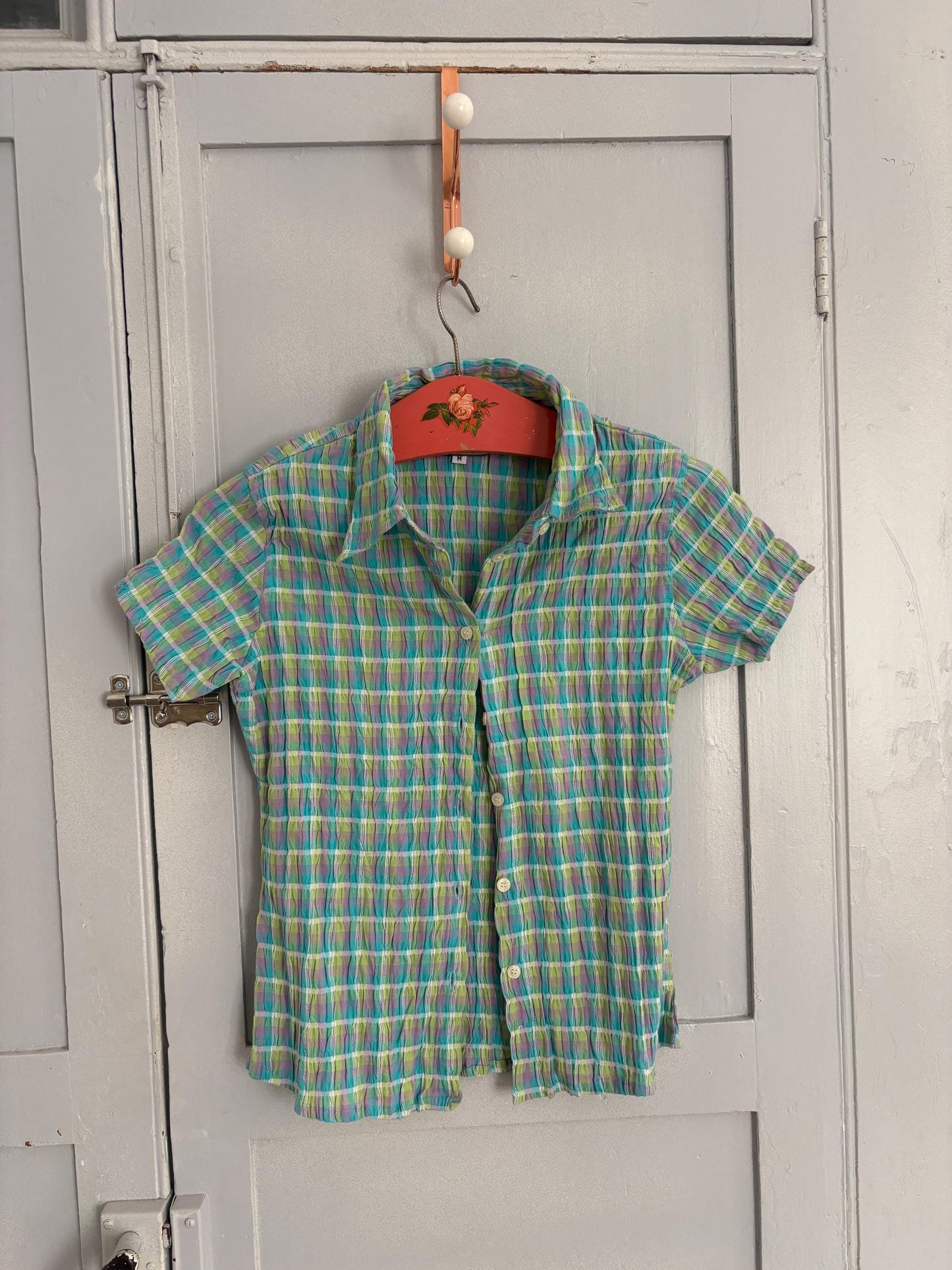 Vintage 90s Crinkle Button Up Shirt – Fitted Colorful Checkered Top | Y2K Grid Blouse