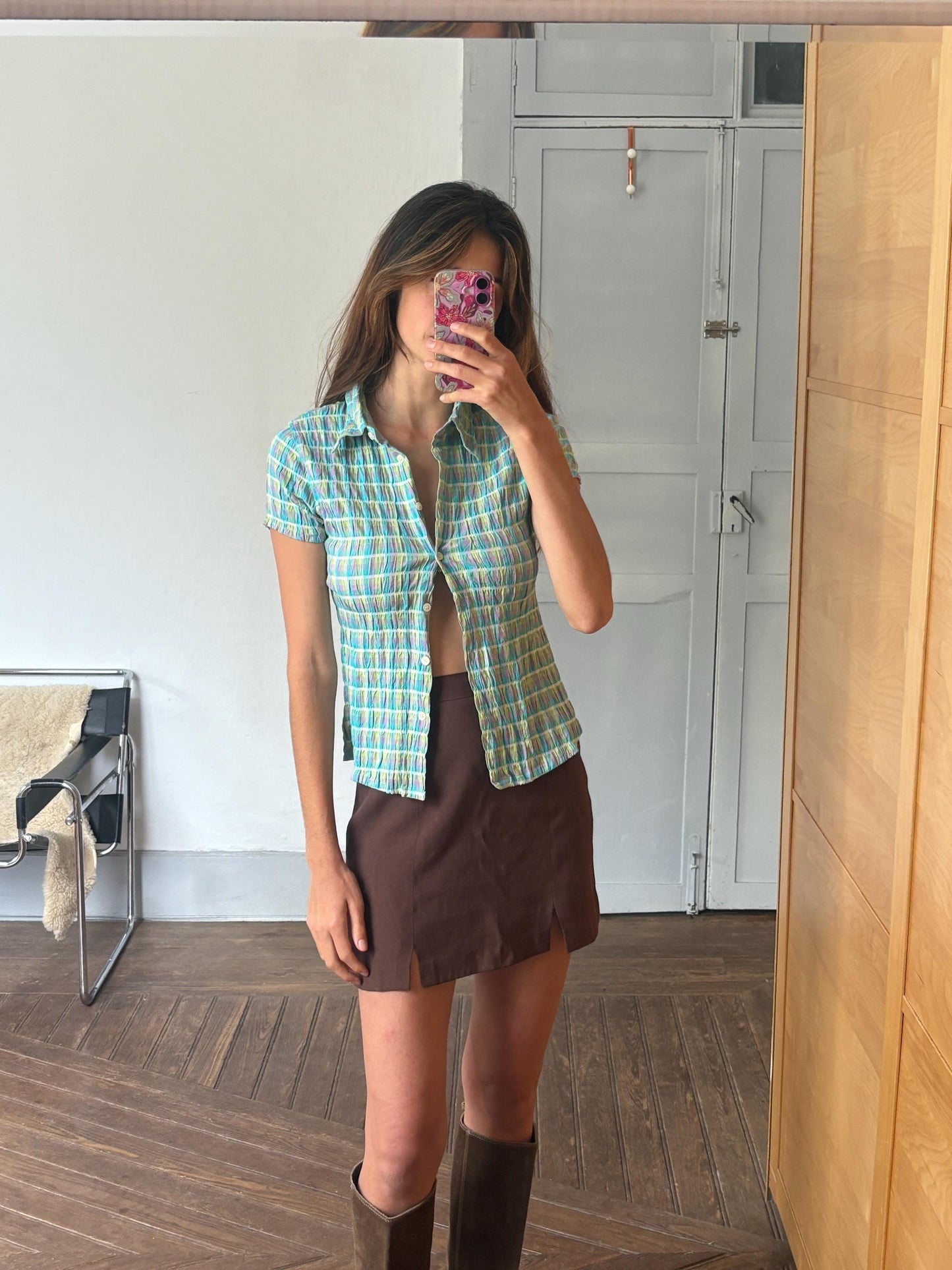 Vintage 90s Crinkle Button Up Shirt – Fitted Colorful Checkered Top | Y2K Grid Blouse