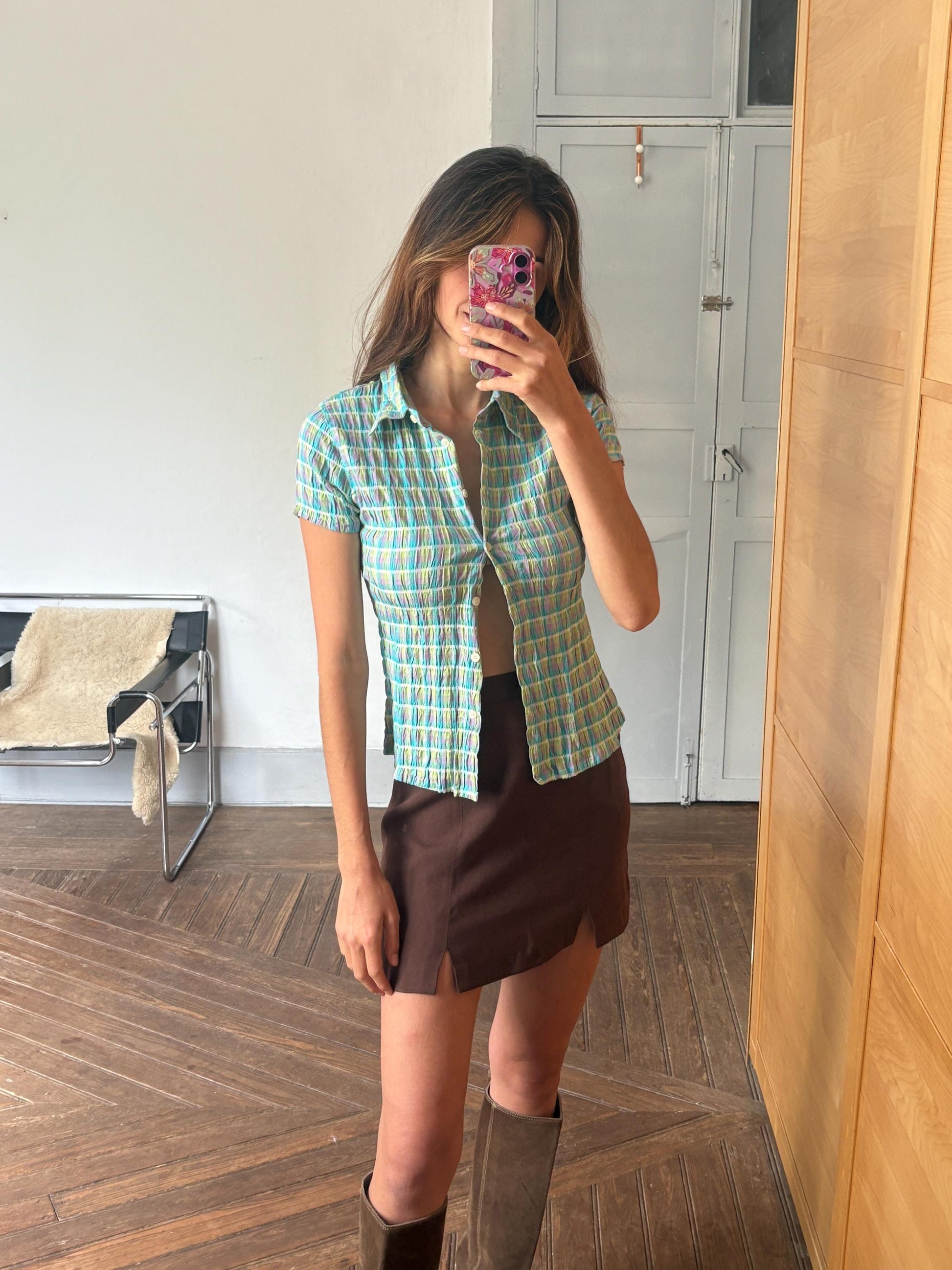 Vintage 90s Crinkle Button Up Shirt – Fitted Colorful Checkered Top | Y2K Grid Blouse
