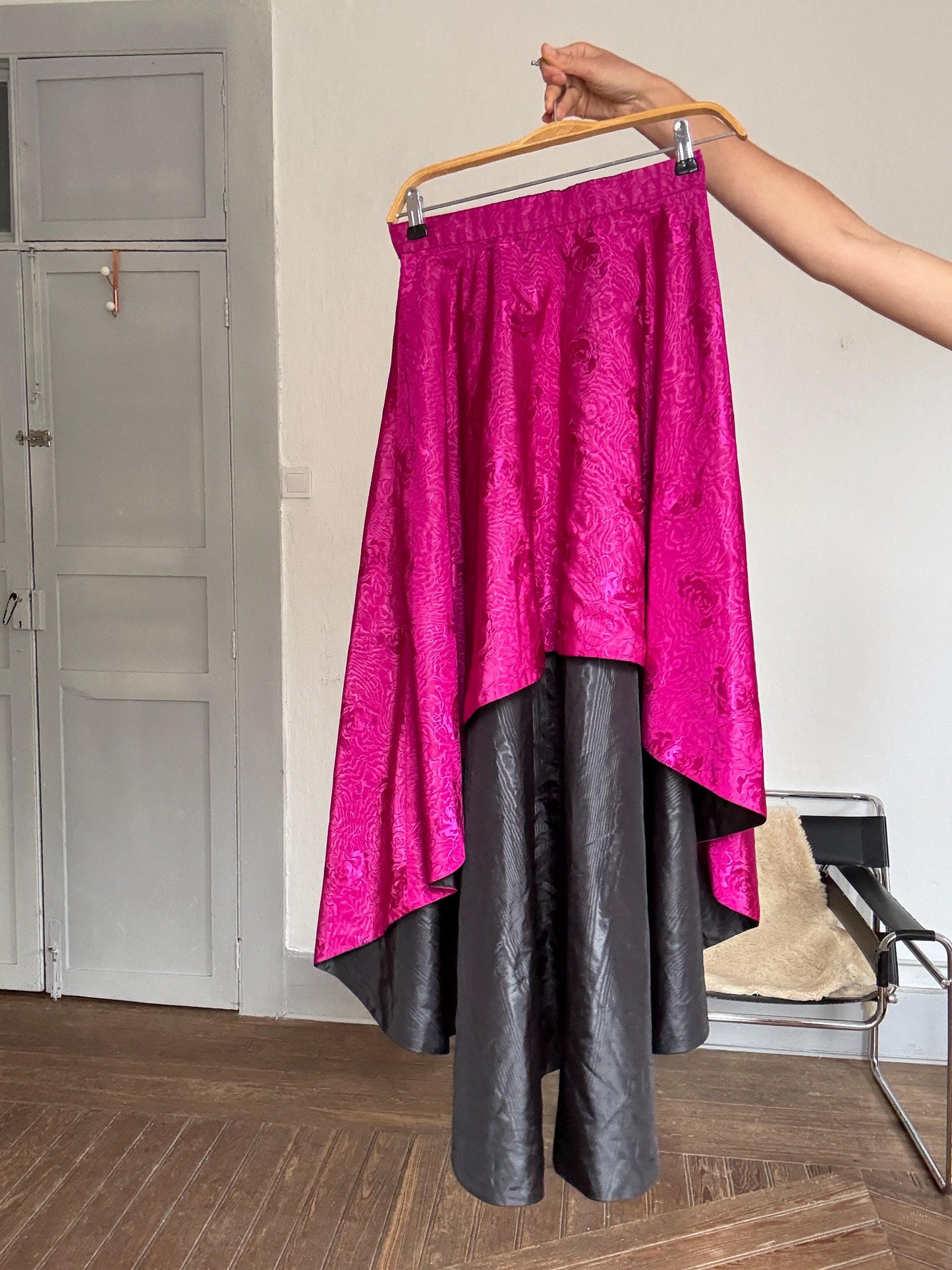 Vintage Pink High-Low Skirt – Handmade Satin Evening Skirt | Dramatic Waist-Defining Party Skirt, Unique statement piece, Emily in Paris