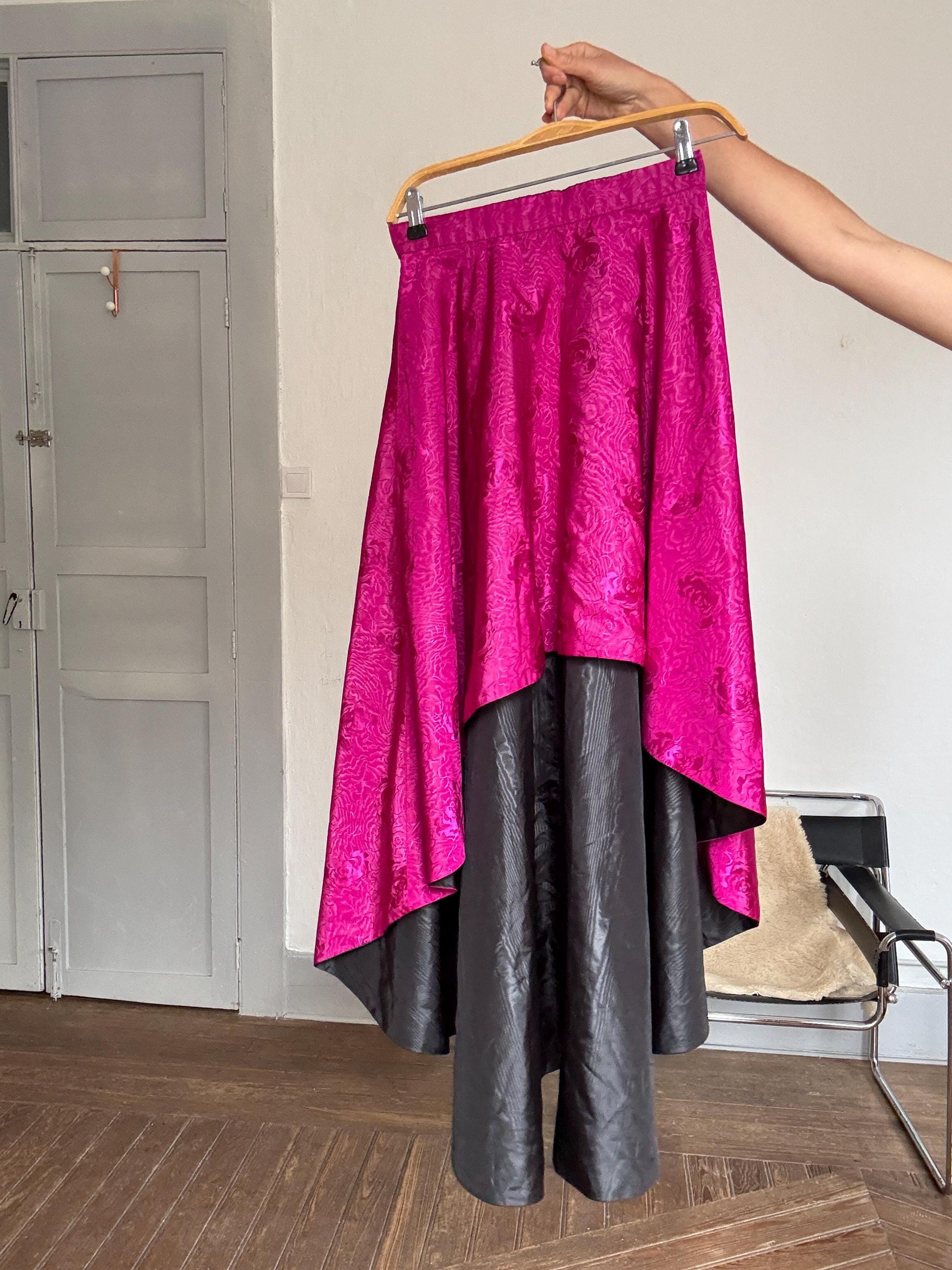 Vintage Pink High-Low Skirt – Handmade Satin Evening Skirt | Dramatic Waist-Defining Party Skirt, Unique statement piece, Emily in Paris