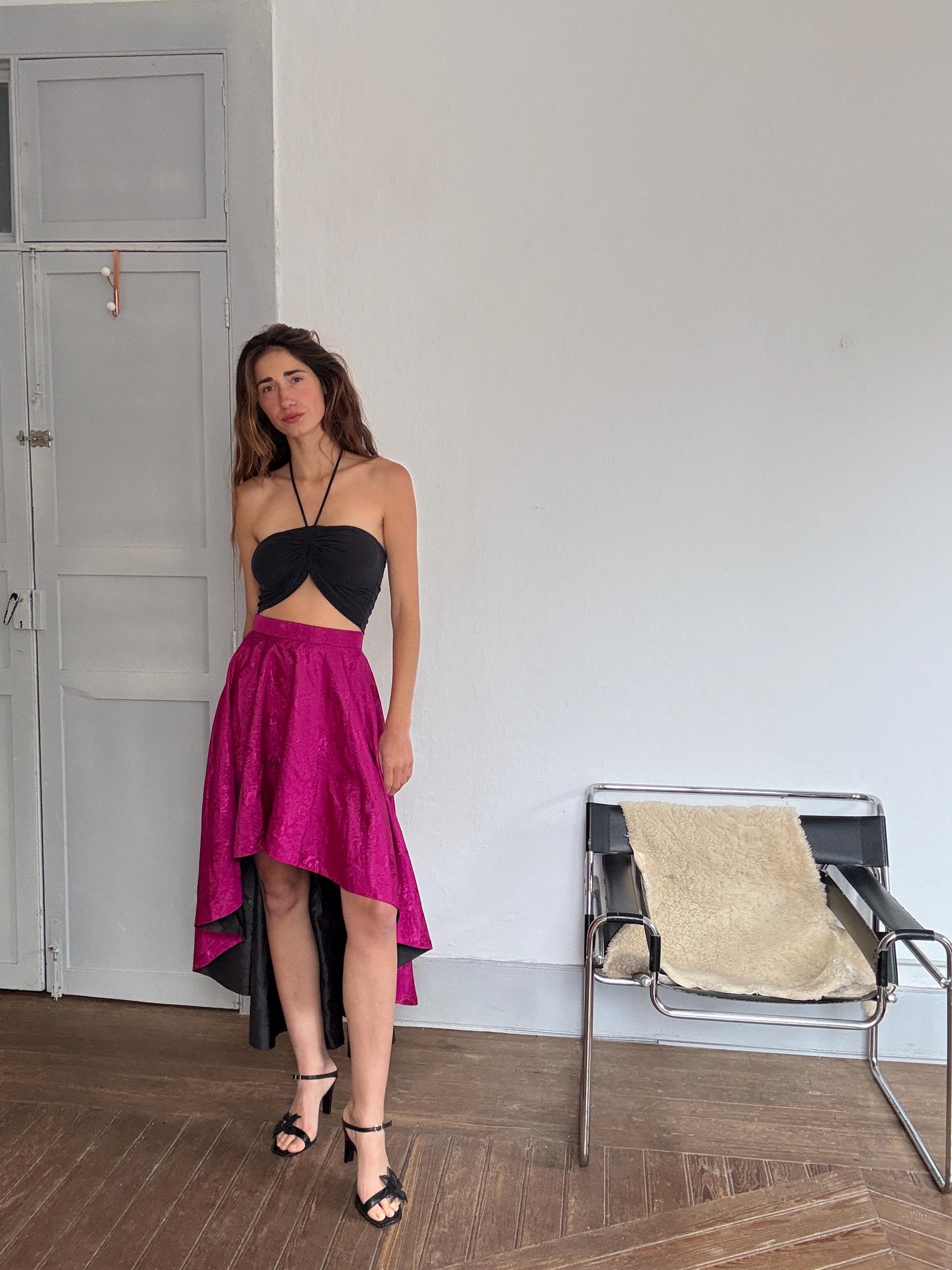 Vintage Pink High-Low Skirt – Handmade Satin Evening Skirt | Dramatic Waist-Defining Party Skirt, Unique statement piece, Emily in Paris