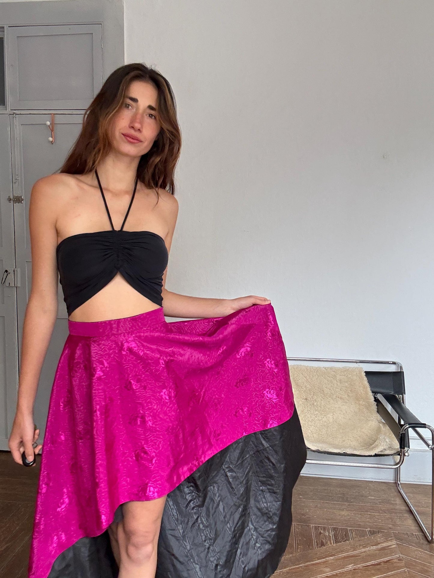 Vintage Pink High-Low Skirt – Handmade Satin Evening Skirt | Dramatic Waist-Defining Party Skirt, Unique statement piece, Emily in Paris