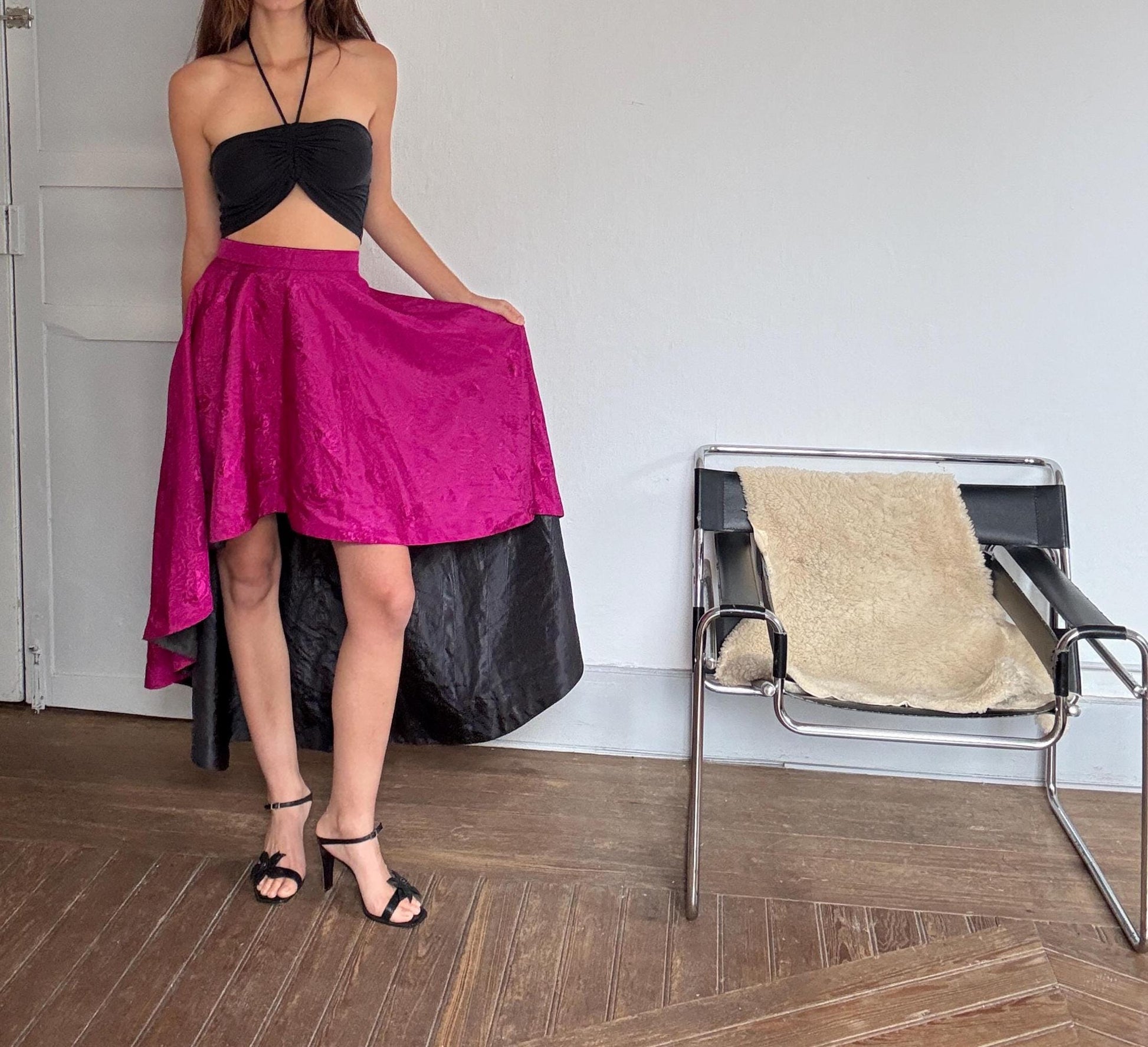 Vintage Pink High-Low Skirt – Handmade Satin Evening Skirt | Dramatic Waist-Defining Party Skirt, Unique statement piece, Emily in Paris