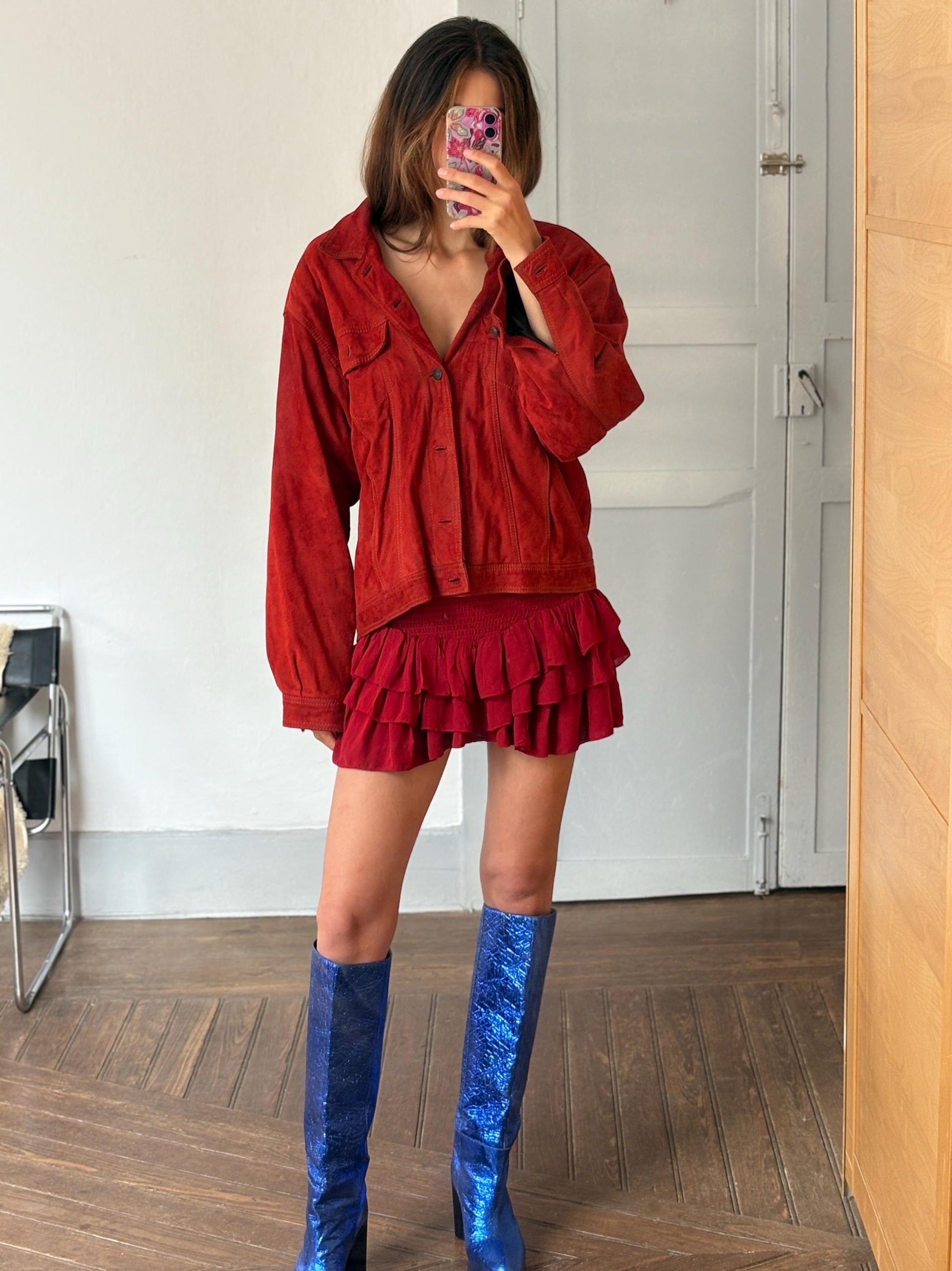 Vintage Red Suede Leather Jacket – 80s Oversized Eagle Force Coat | Genuine Suede Button Up Western Style