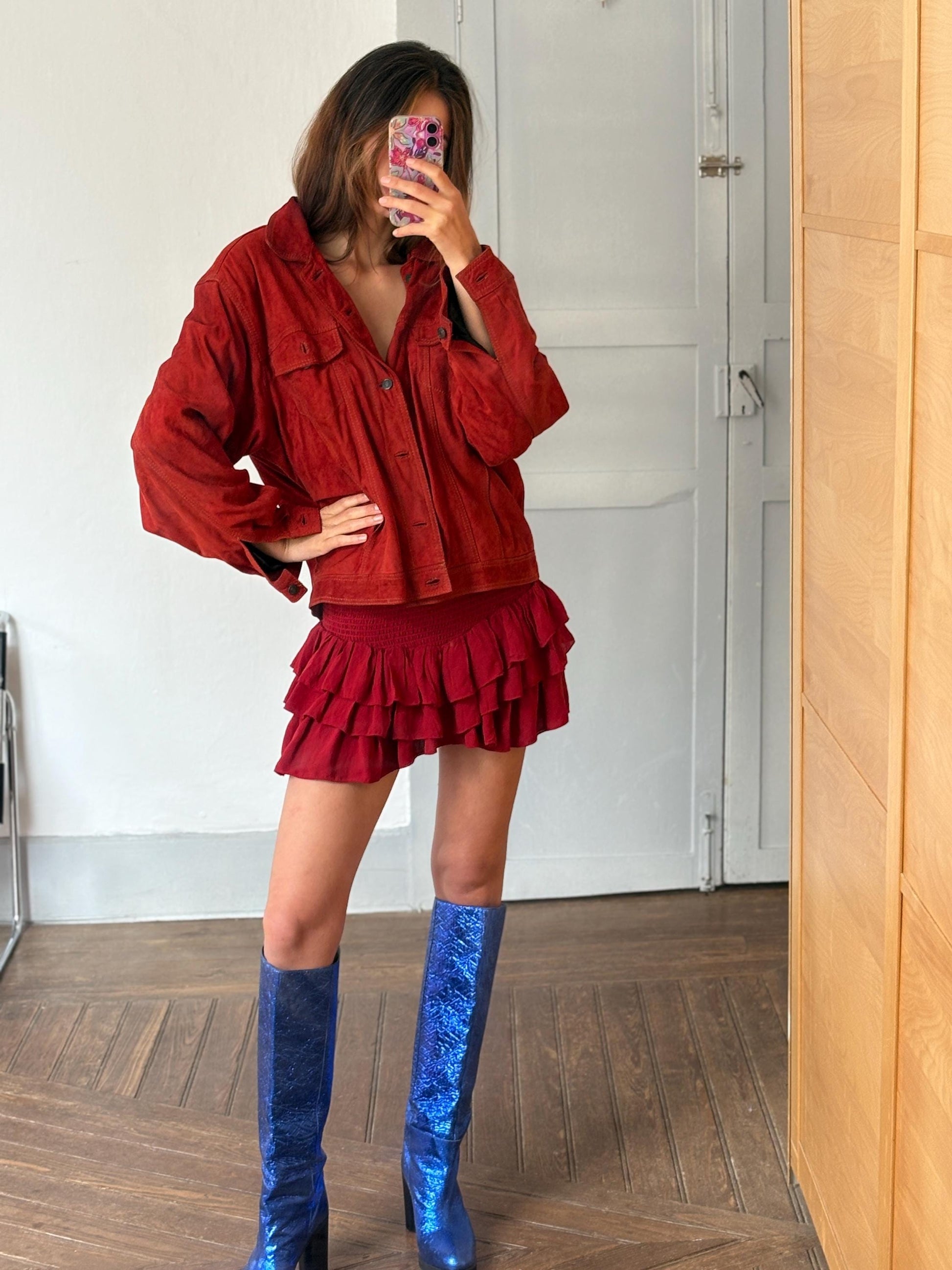 Vintage Red Suede Leather Jacket – 80s Oversized Eagle Force Coat | Genuine Suede Button Up Western Style