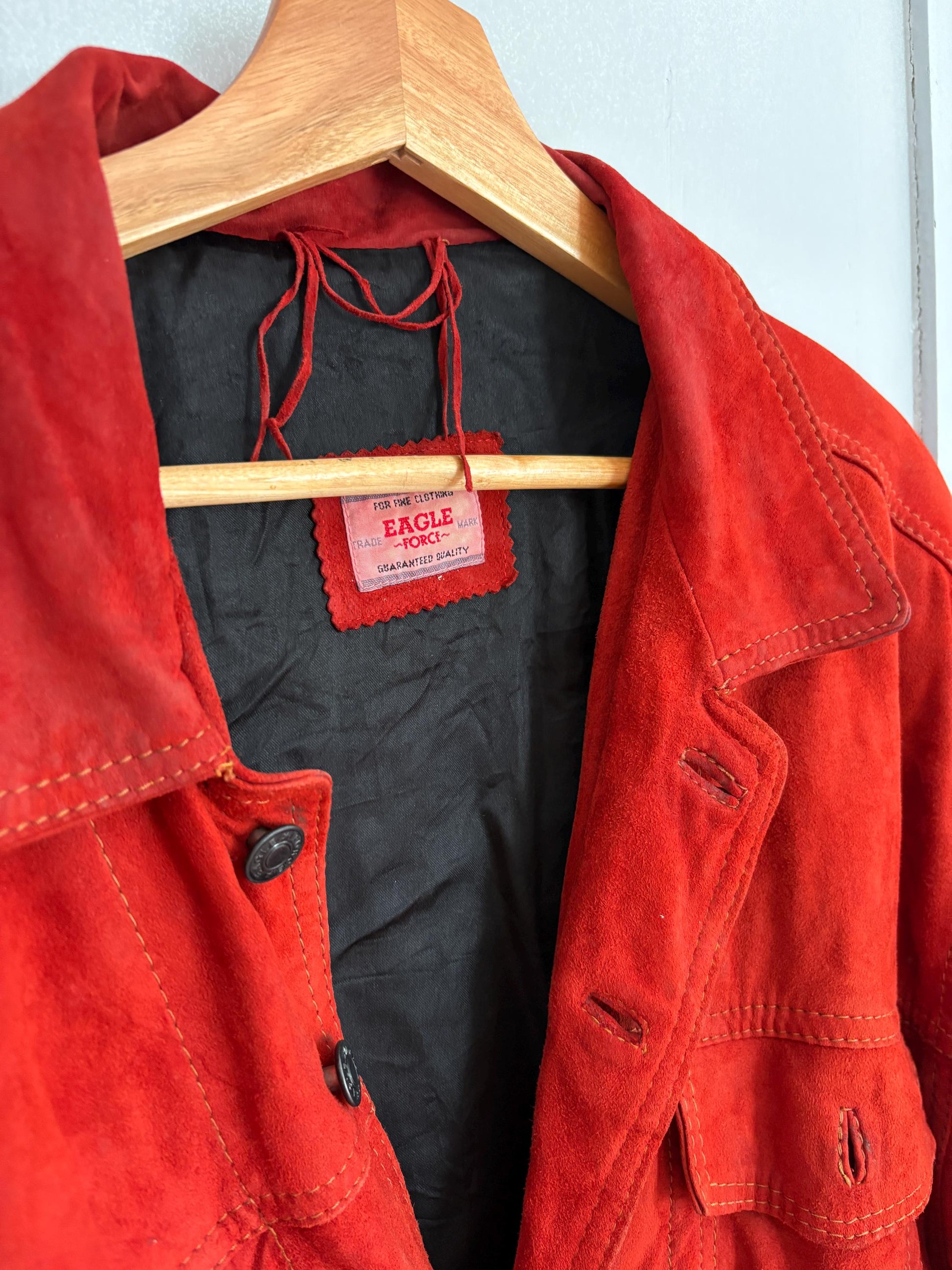 Vintage Red Suede Leather Jacket – 80s Oversized Eagle Force Coat | Genuine Suede Button Up Western Style