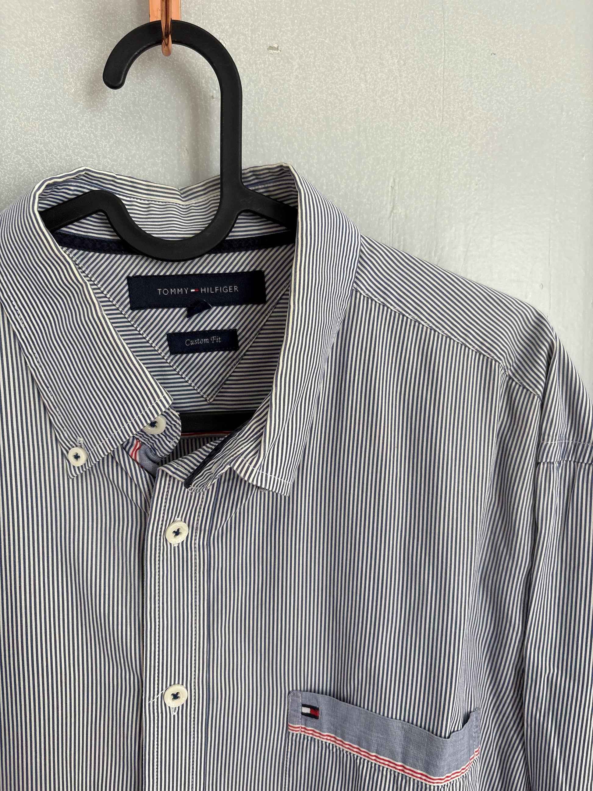 Vintage Tommy Hilfiger Striped Shirt – Unisex Button Down, Custom Fit L, Cotton Long Sleeve, Classic Preppy Y2K Style, Size L - XL