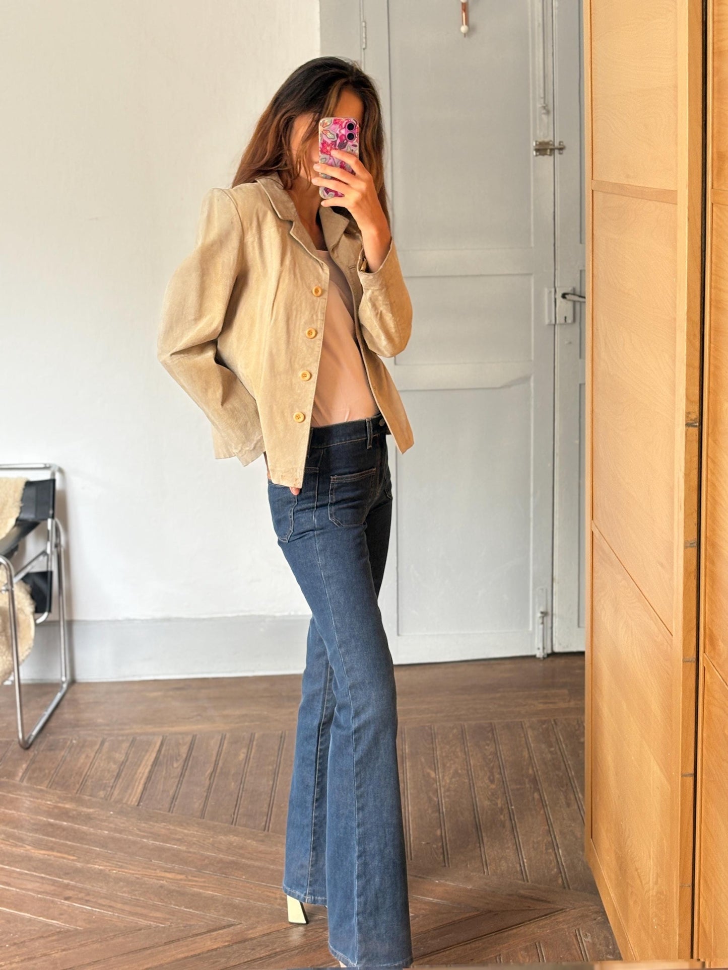 Vintage Suede Leather Jacket – Lilly of the Valley, Genuine Pigskin, Soft Beige Neutral, Size M