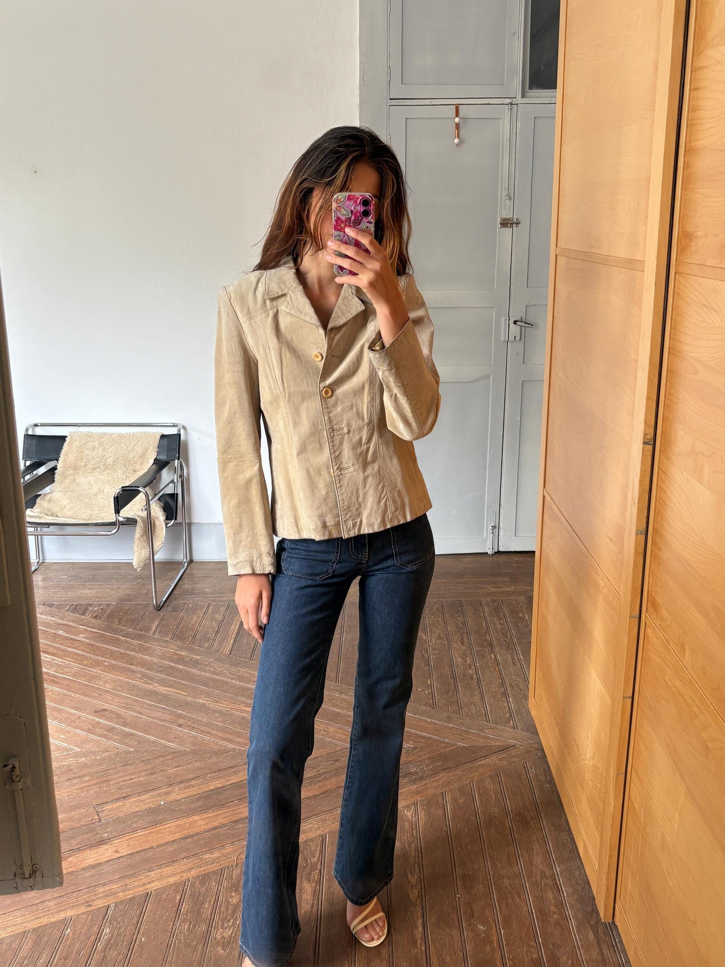 Vintage Suede Leather Jacket – Lilly of the Valley, Genuine Pigskin, Soft Beige Neutral, Size M