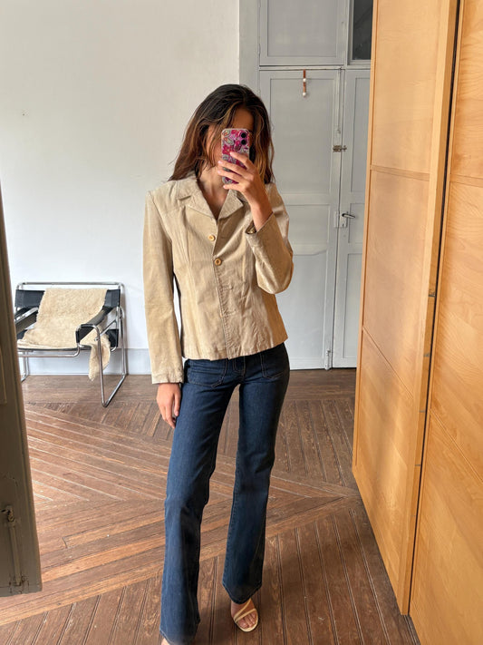 Vintage Suede Leather Jacket – Lilly of the Valley, Genuine Pigskin, Soft Beige Neutral, Size M