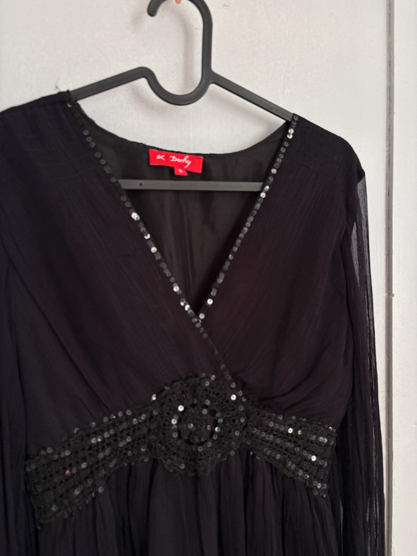 Vintage Black Boho Dress by Derhy – Sheer Sleeves, Sequin Waist, Size S, Romantic Goth Midi