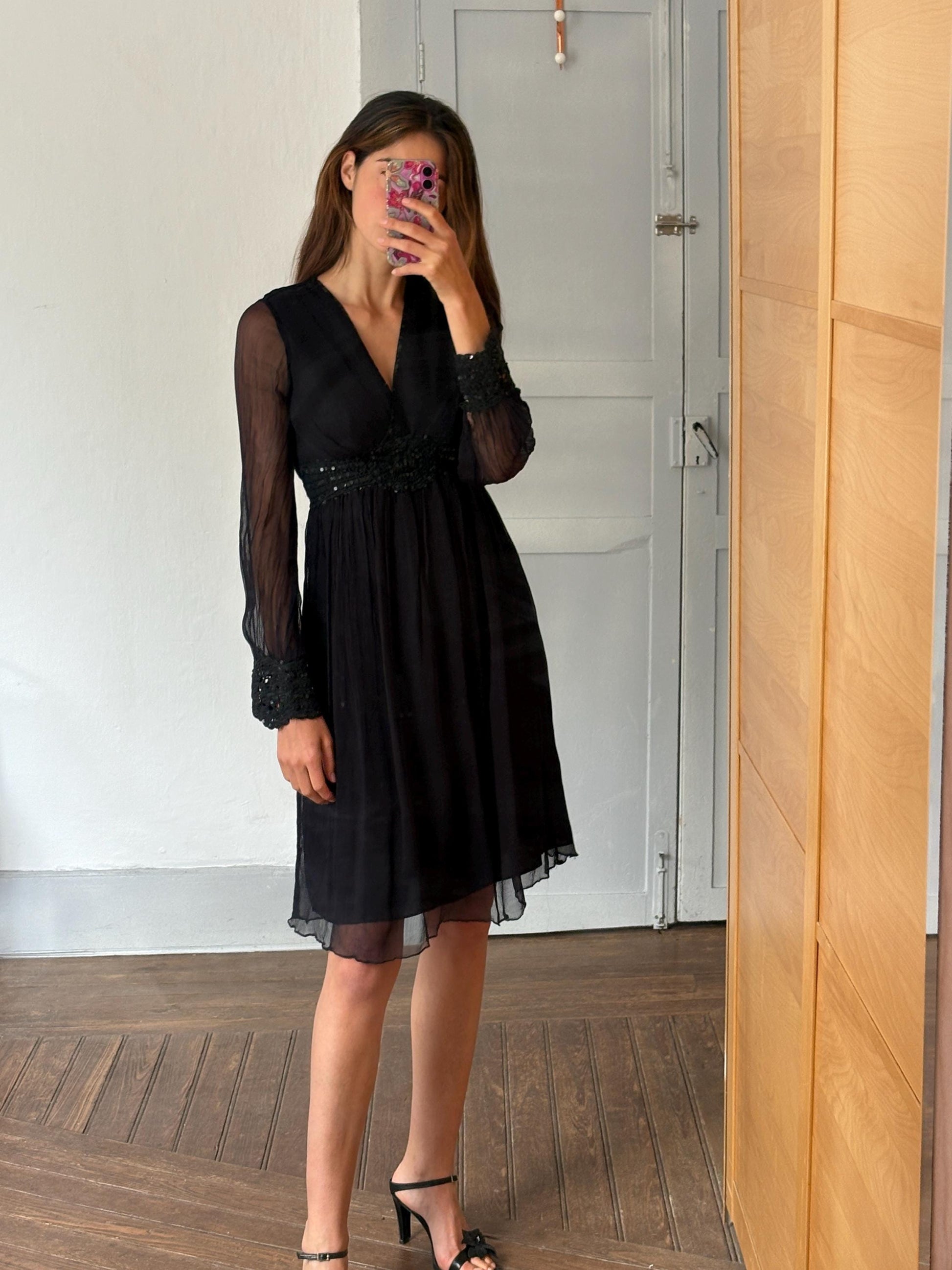 Vintage Black Boho Dress by Derhy – Sheer Sleeves, Sequin Waist, Size S, Romantic Goth Midi