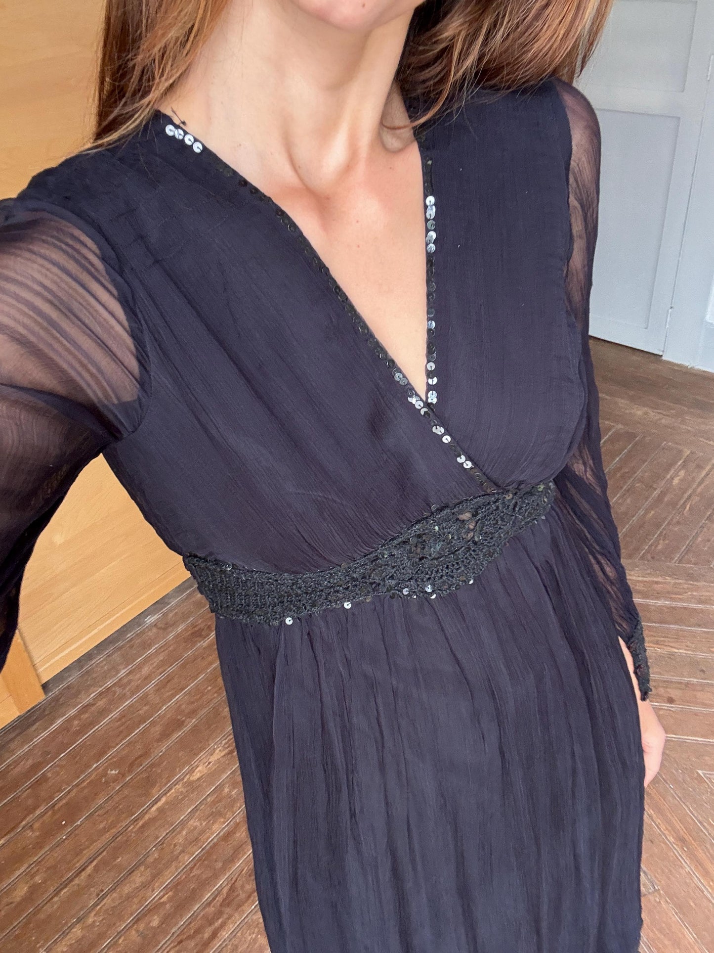 Vintage Black Boho Dress by Derhy – Sheer Sleeves, Sequin Waist, Size S, Romantic Goth Midi