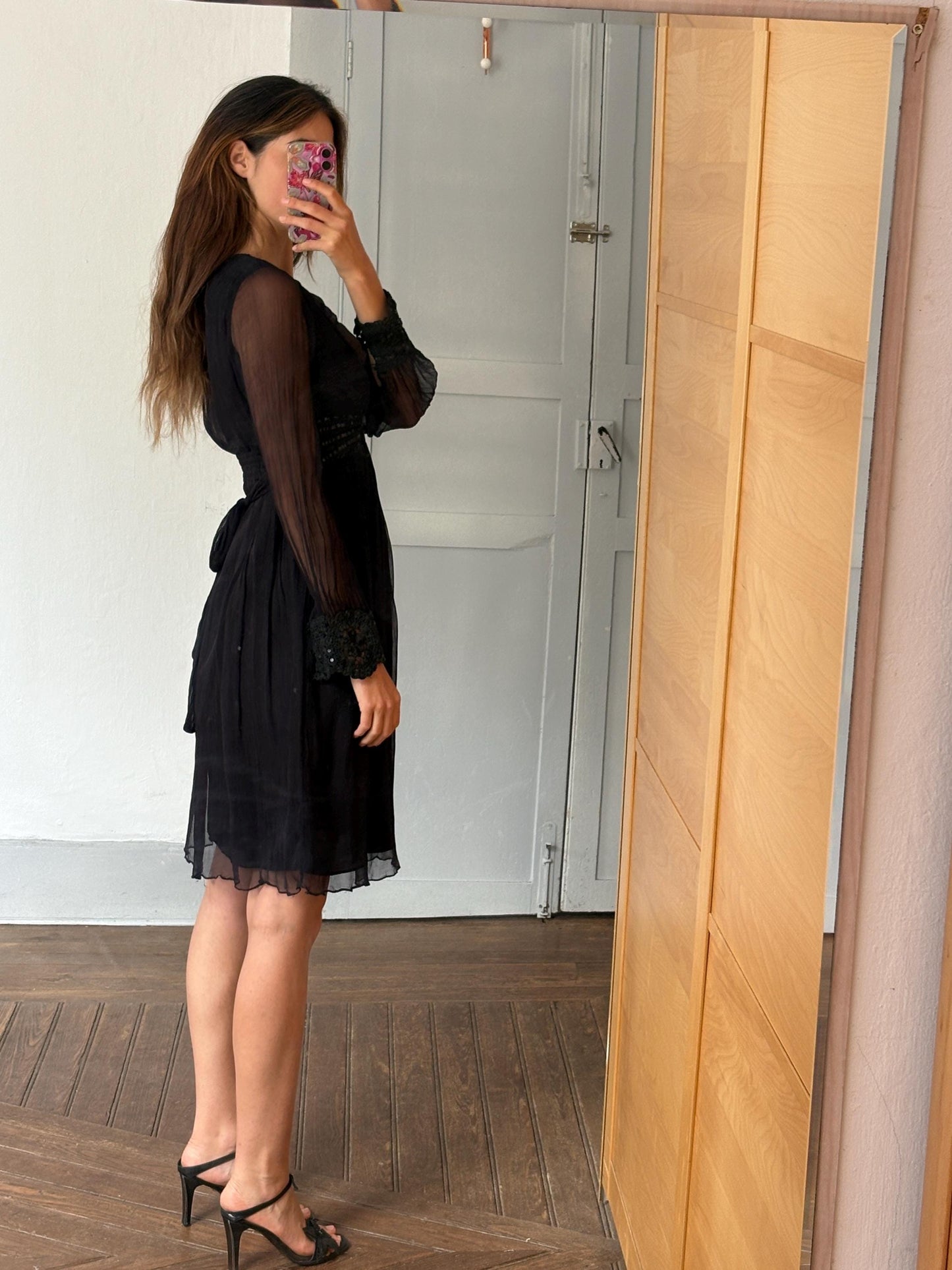 Vintage Black Boho Dress by Derhy – Sheer Sleeves, Sequin Waist, Size S, Romantic Goth Midi