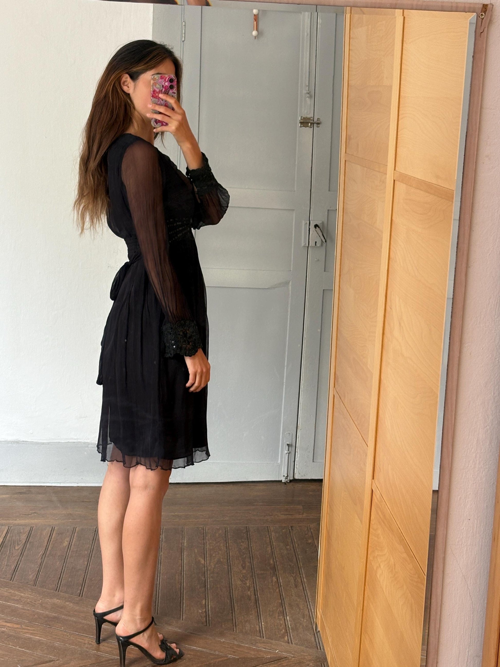 Vintage Black Boho Dress by Derhy – Sheer Sleeves, Sequin Waist, Size S, Romantic Goth Midi