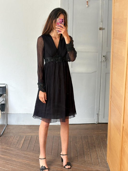 Vintage Black Boho Dress by Derhy – Sheer Sleeves, Sequin Waist, Size S, Romantic Goth Midi