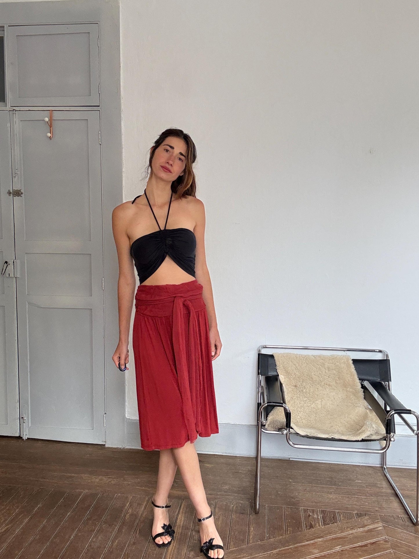 Vintage Hoss Intropia Deep Red Skirt – Tag Size L, Elegant Wrap Waist, Luxury Boho Style