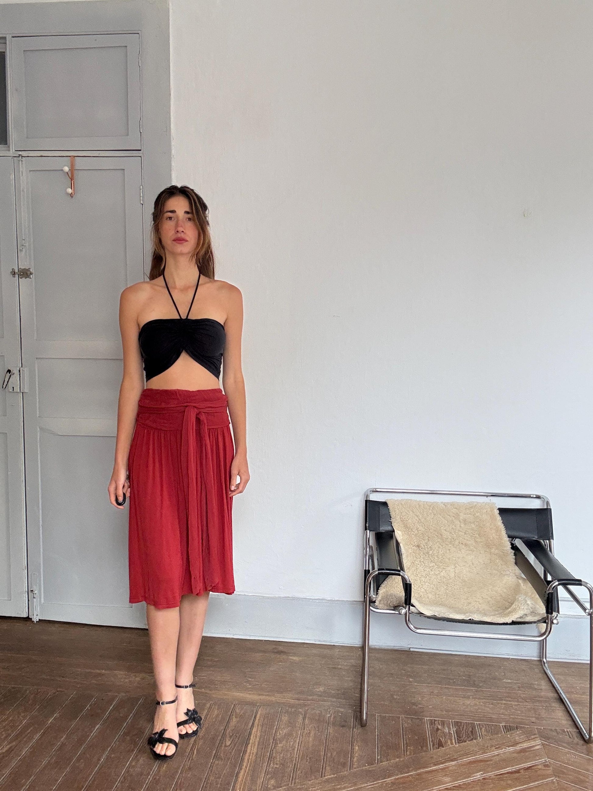 Vintage Hoss Intropia Deep Red Skirt – Tag Size L, Elegant Wrap Waist, Luxury Boho Style