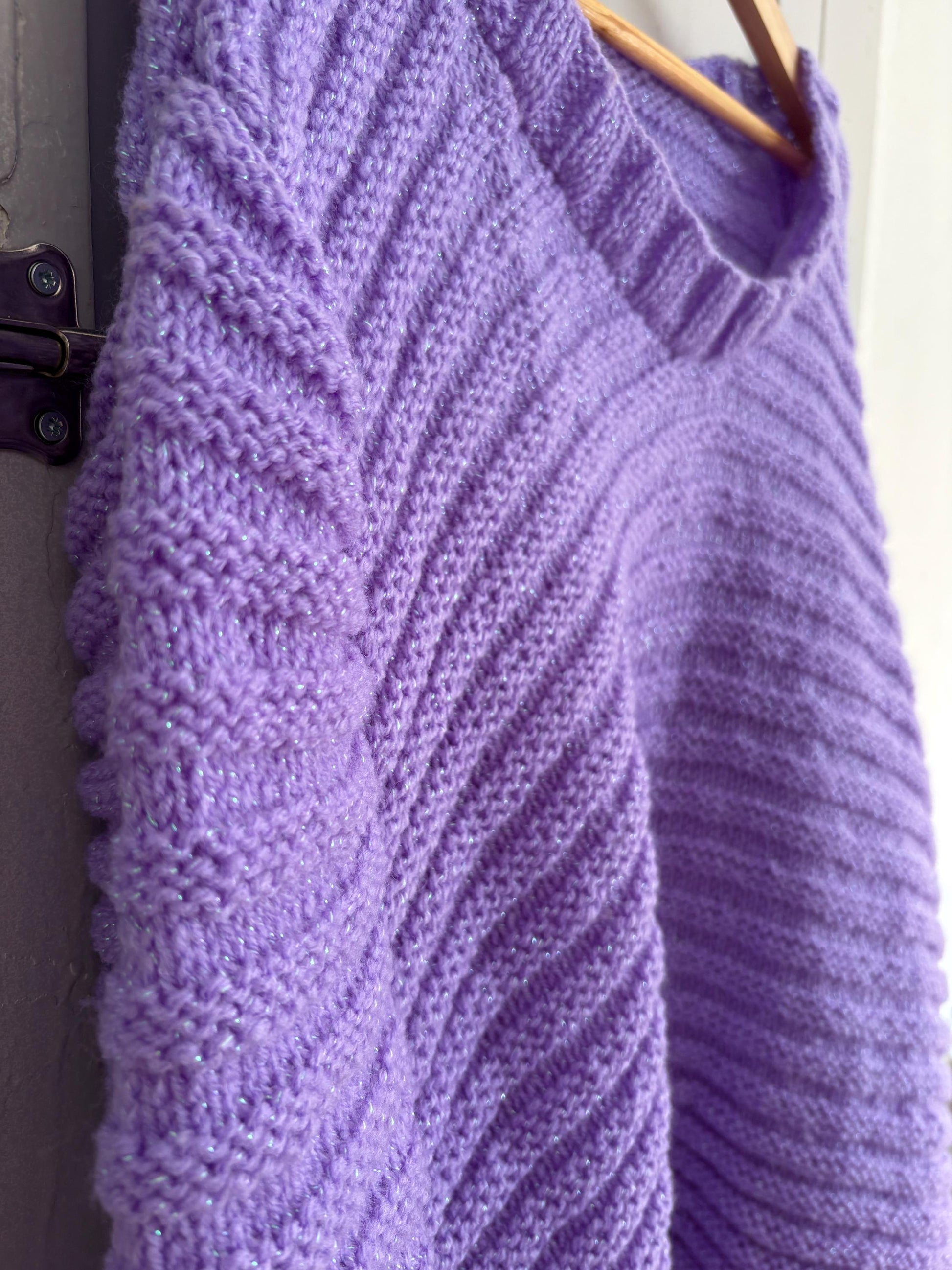 Vintage Purple Chunky Knit Sweater Handmade Y2K Glam Glitter Thread One Size Fit Cozy Winter Pullover