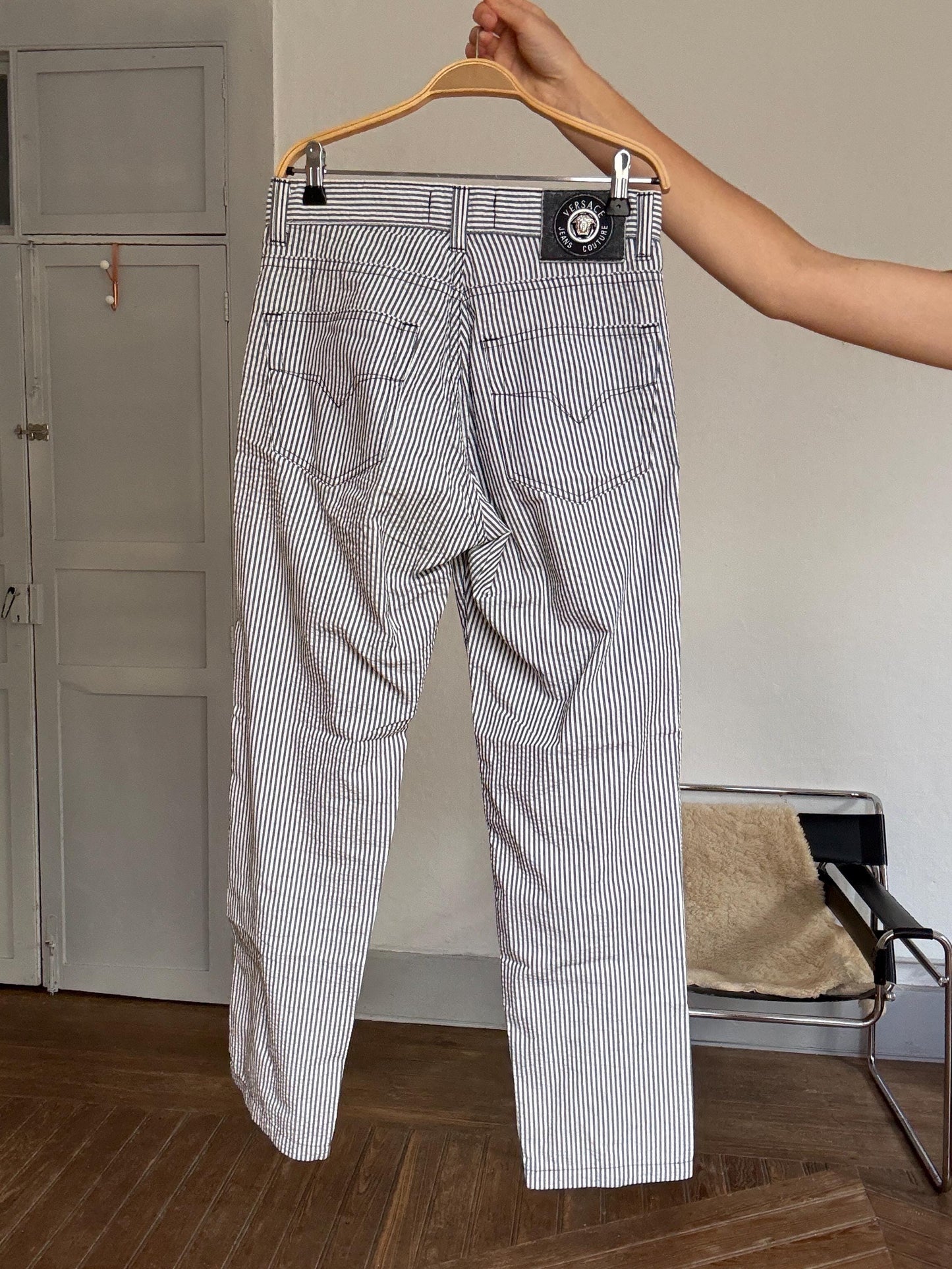 Vintage Versace Jeans Couture – Striped Cotton Blend Pants, Black & White, Leather Patch Detail