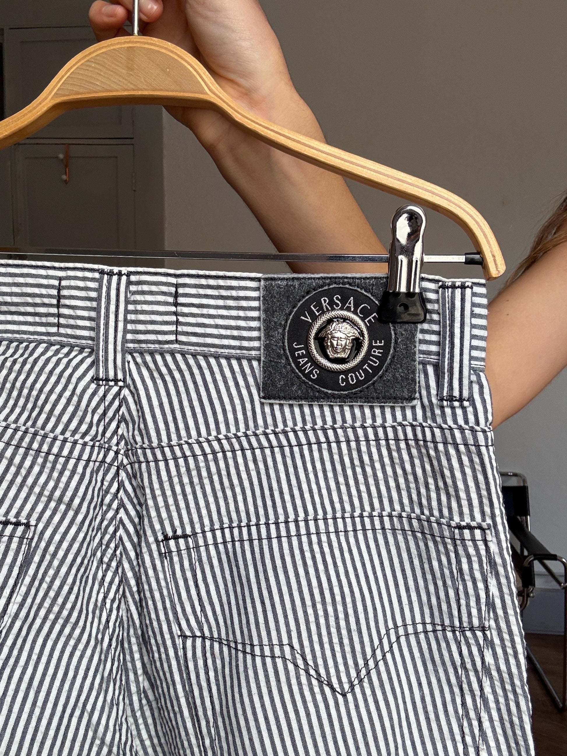Vintage Versace Jeans Couture – Striped Cotton Blend Pants, Black & White, Leather Patch Detail