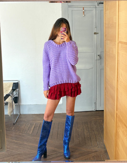 Vintage Purple Chunky Knit Sweater Handmade Y2K Glam Glitter Thread One Size Fit Cozy Winter Pullover