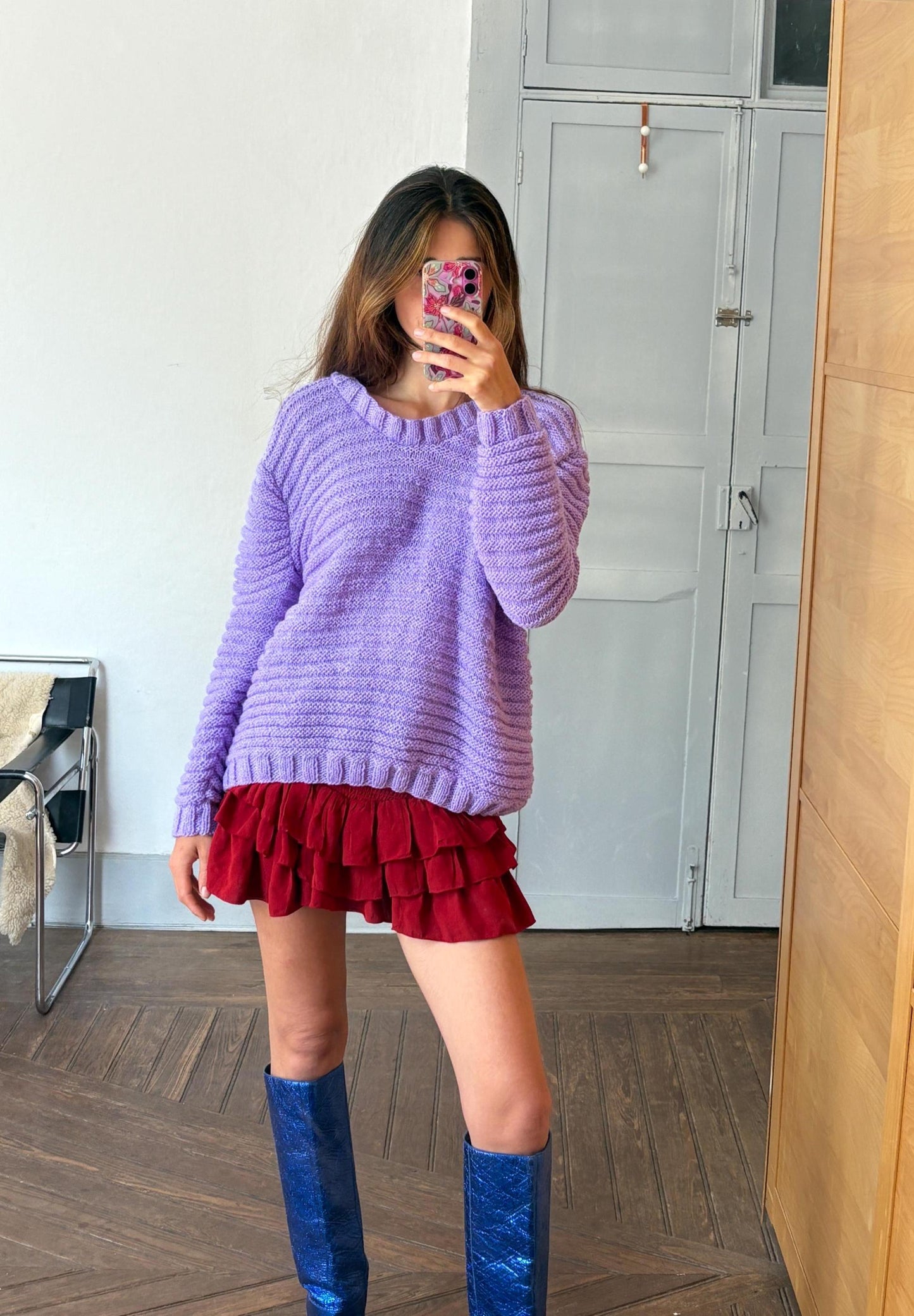 Vintage Purple Chunky Knit Sweater Handmade Y2K Glam Glitter Thread One Size Fit Cozy Winter Pullover
