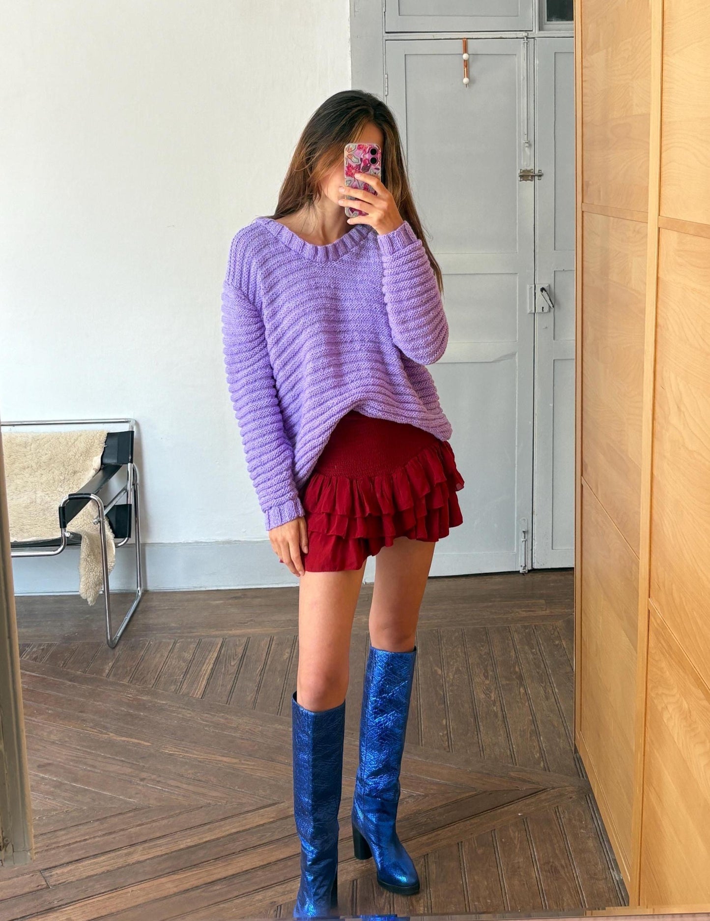 Vintage Purple Chunky Knit Sweater Handmade Y2K Glam Glitter Thread One Size Fit Cozy Winter Pullover