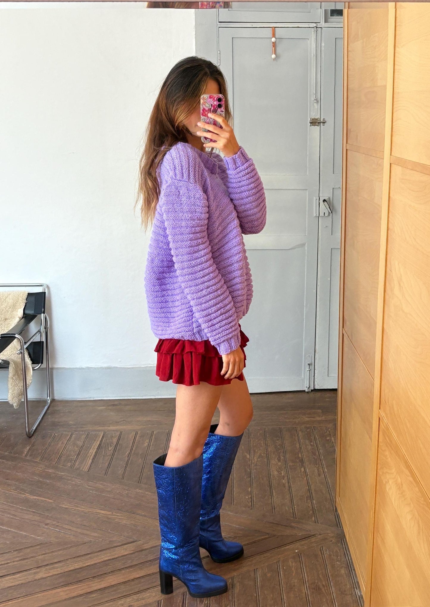 Vintage Purple Chunky Knit Sweater Handmade Y2K Glam Glitter Thread One Size Fit Cozy Winter Pullover