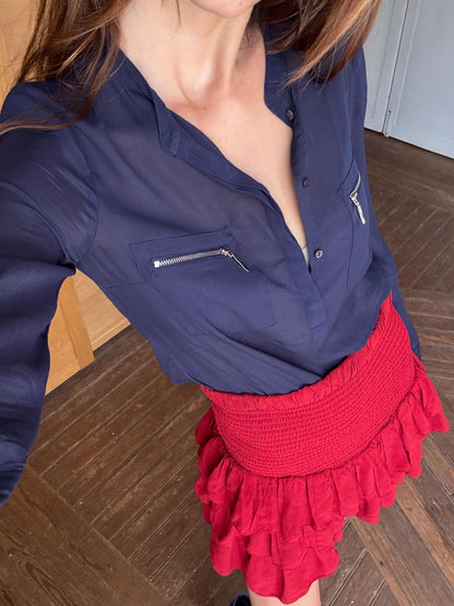 Navy Sheer Mulberry Silk Blend Blouse — detail