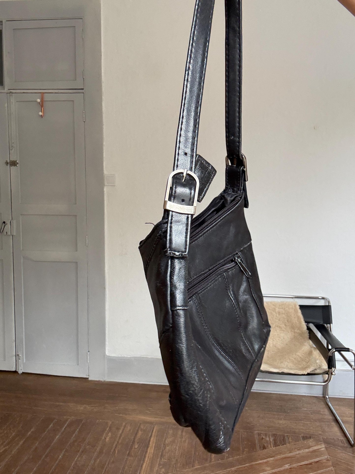 Vintage Adrians Black Leather Shoulder Bag – 2000s Y2K Small Hobo Purse, Adjustable Strap