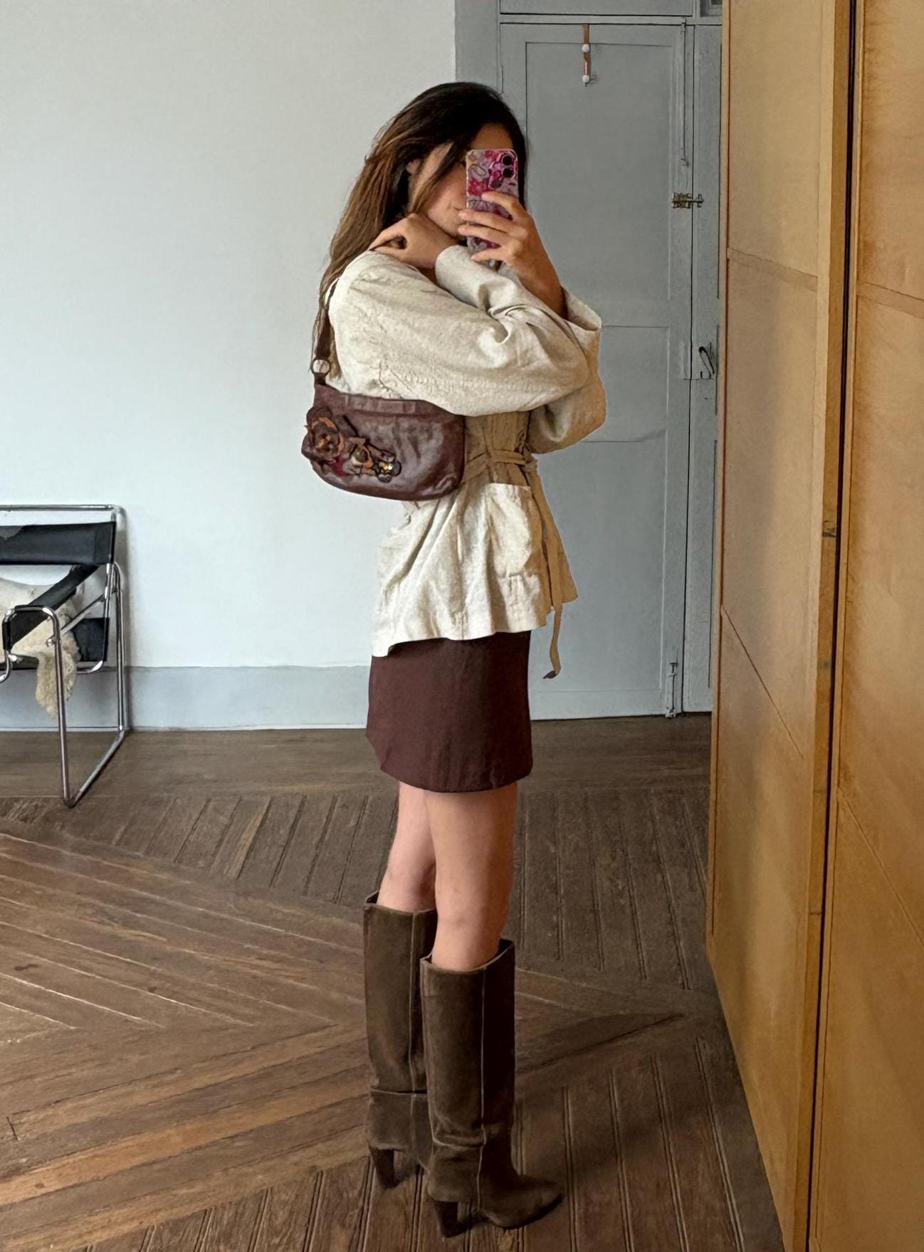 Vintage Massimo Dutti baguette bag, Genuine leather stylish woman purse, Cute tiny shoulder bag with flowers and beads