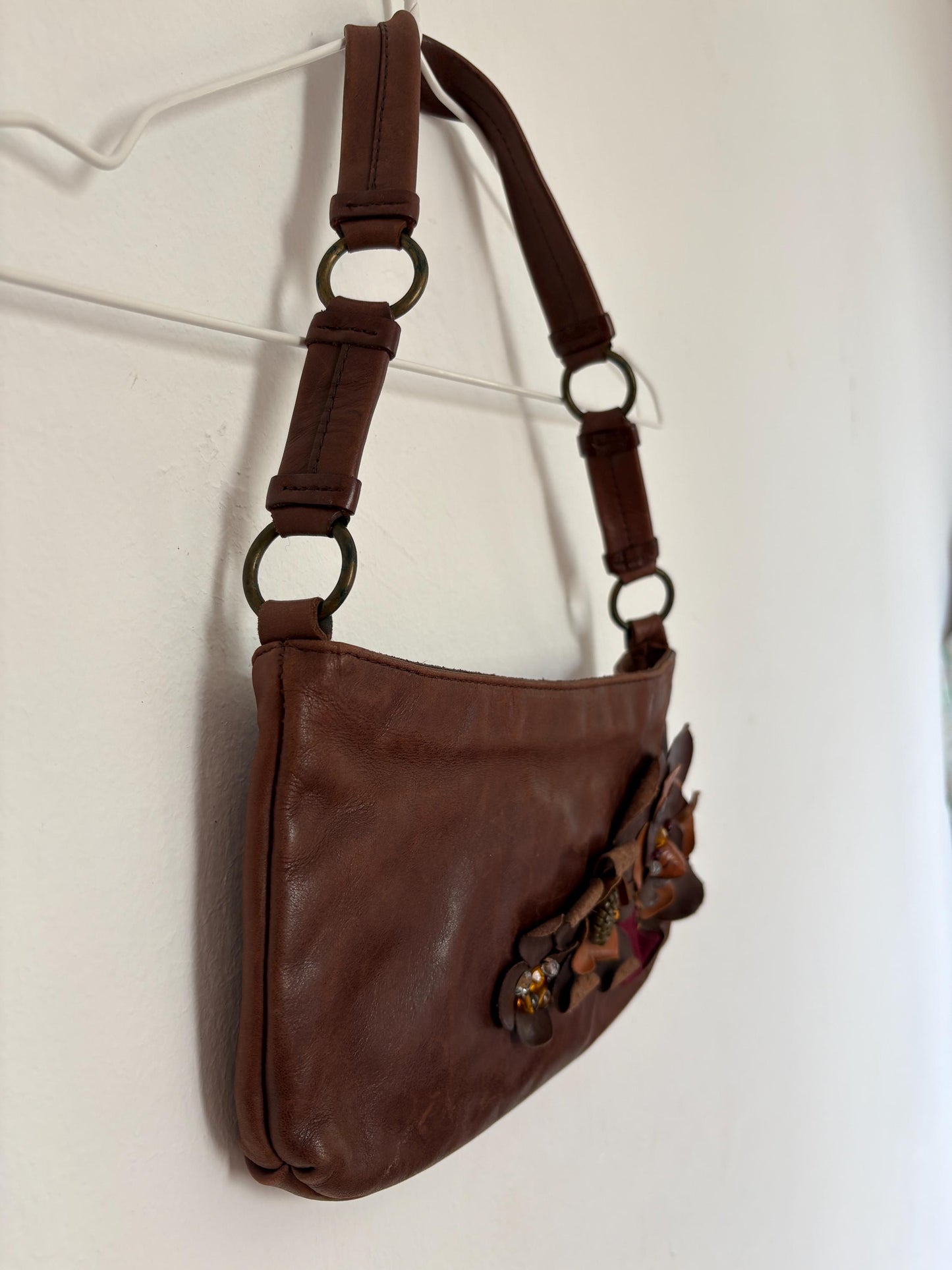 Vintage Massimo Dutti baguette bag, Genuine leather stylish woman purse, Cute tiny shoulder bag with flowers and beads