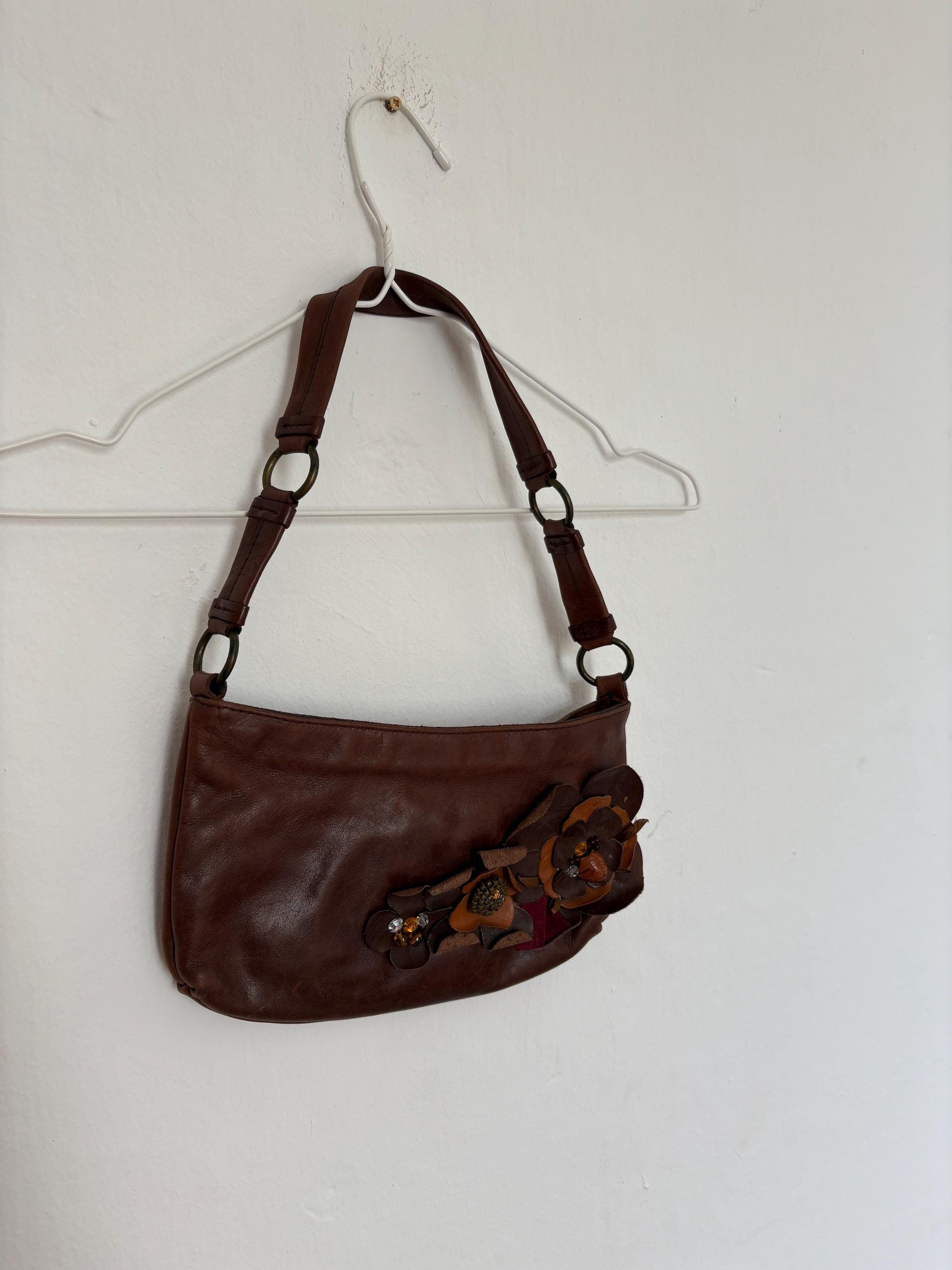 Vintage Massimo Dutti baguette bag, Genuine leather stylish woman purse, Cute tiny shoulder bag with flowers and beads