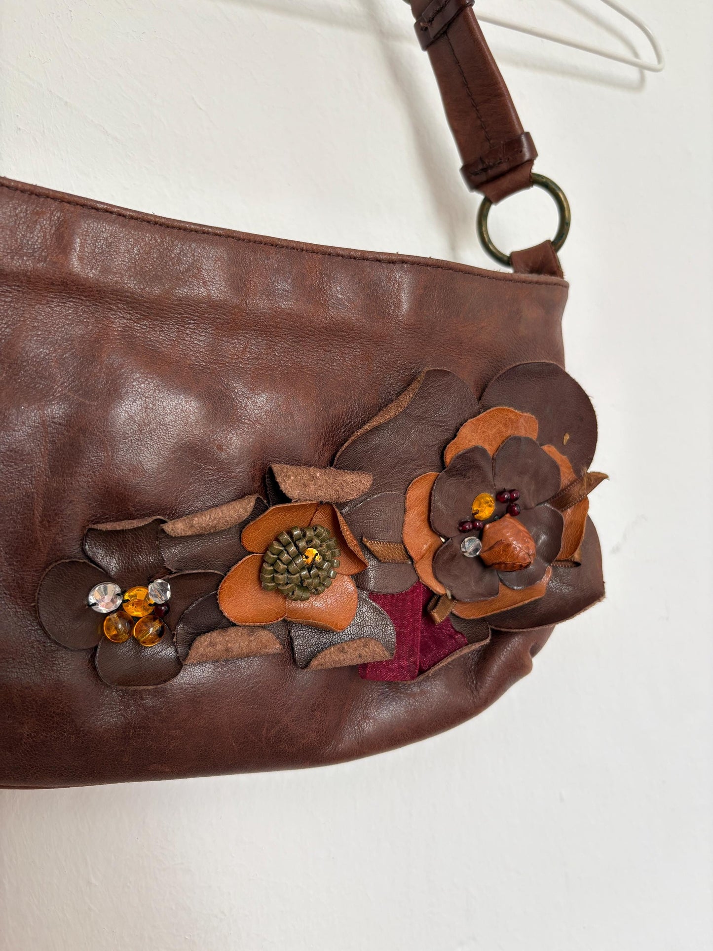 Vintage Massimo Dutti baguette bag, Genuine leather stylish woman purse, Cute tiny shoulder bag with flowers and beads