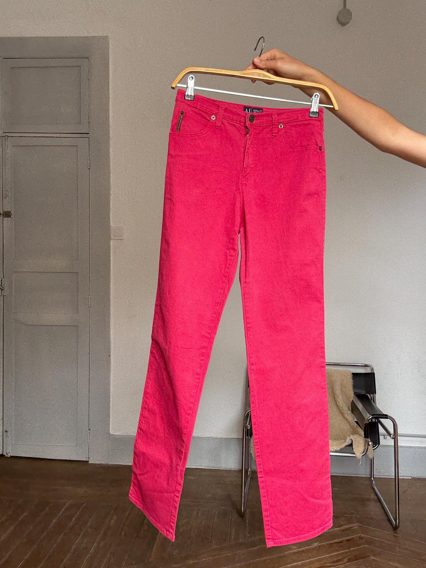 Vintage Armani Jeans Red Trousers – Size 28 – Designer Statement Pants