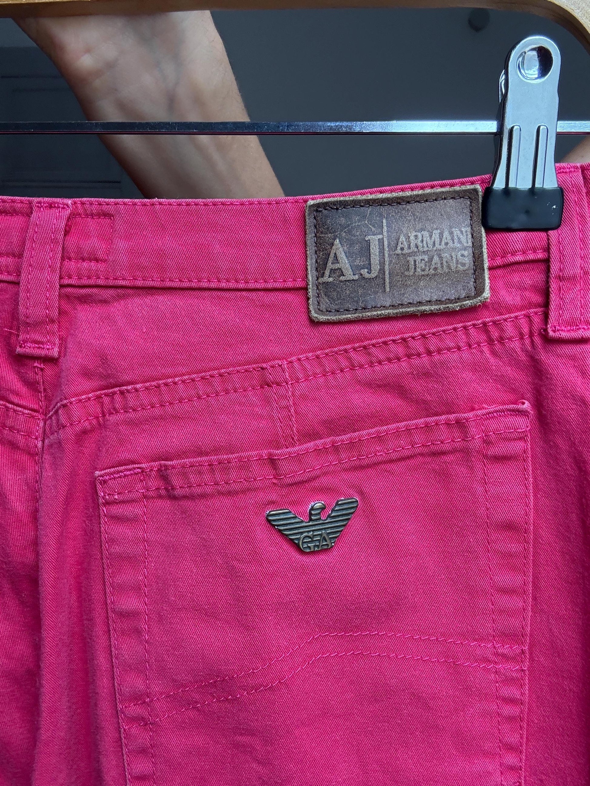 Vintage Armani Jeans Red Trousers – Size 28 – Designer Statement Pants